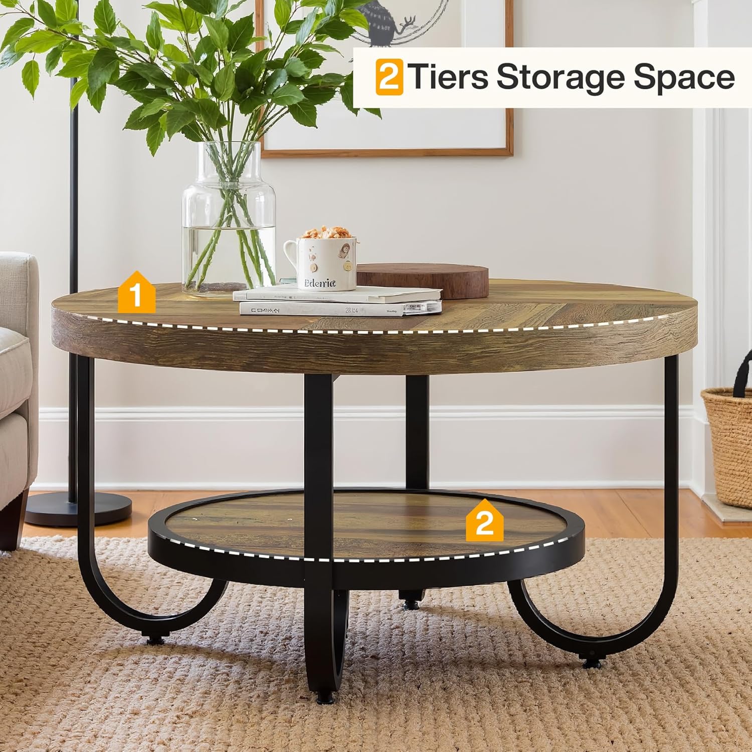 2-Tier Round Coffee Table with Storage, 31.1-Inch Center Cocktail Table