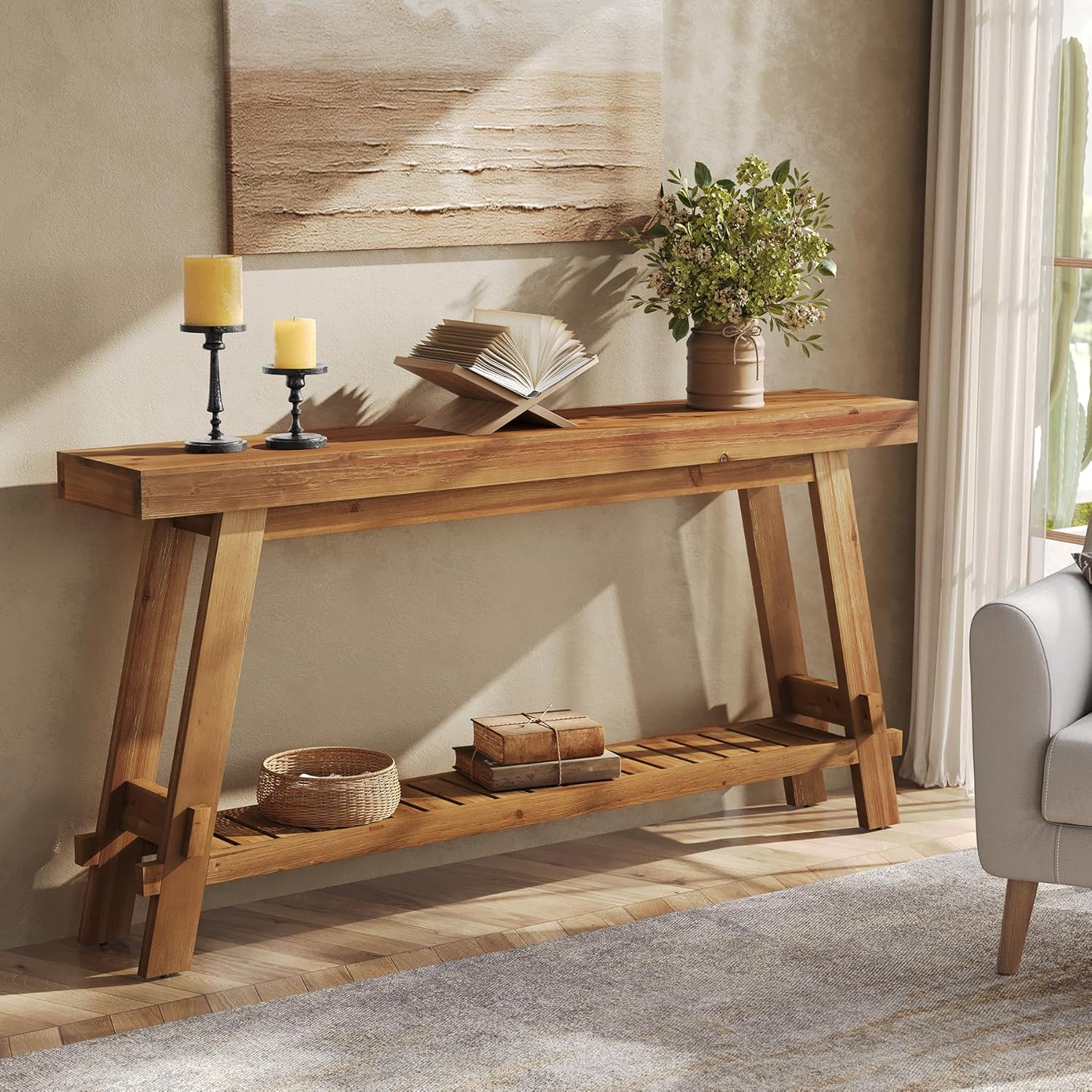 Solid Wood Console Table with Storage, Farmhouse 2-Tier Narrow Sofa Table for Living Room