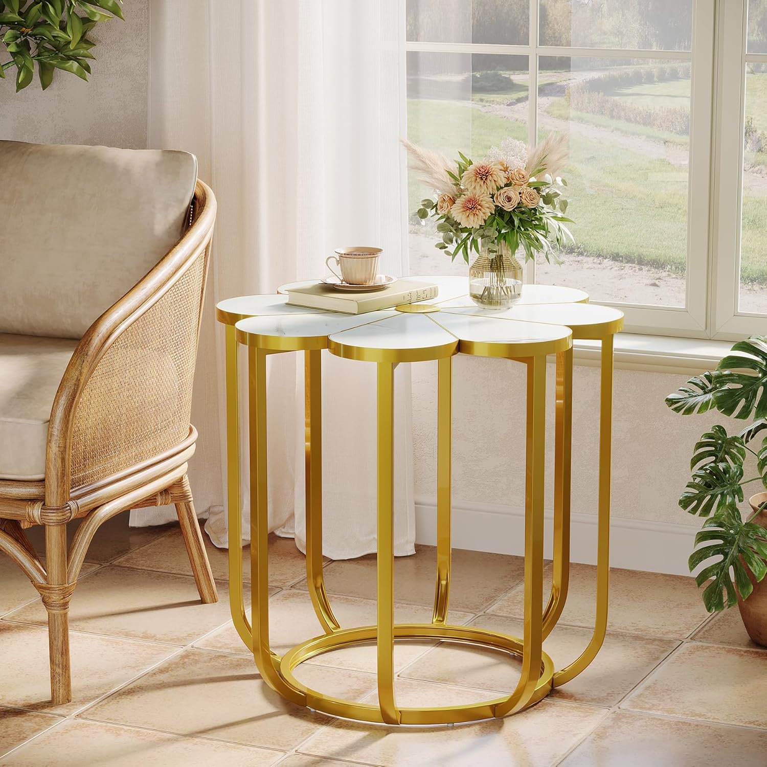 23.6-Inch Flower Side Table, Modern Faux Marble End Table with Gold Metal Frame