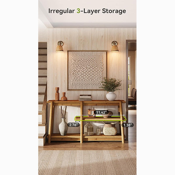 Solid Wood Console Table 63", Three-Tier Farmhouse Sofa Table with Storage