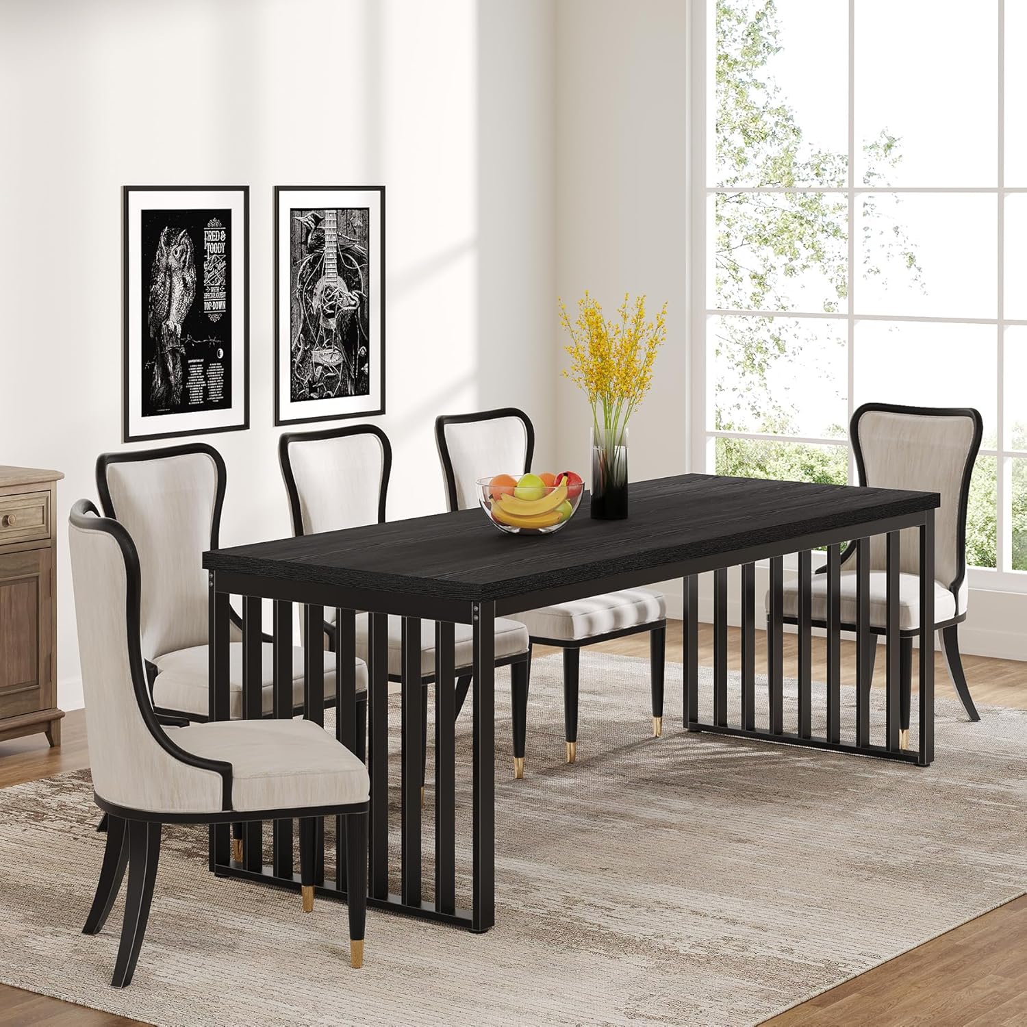 Modern Industrial Dining Table for 8, 71" Long Farmhouse Kitchen Table with Metal Frame