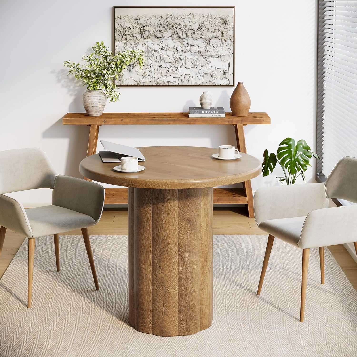 31.5" Round Conference Table - 4-Person Office Desk for Meeting Room & Lounge in Brown