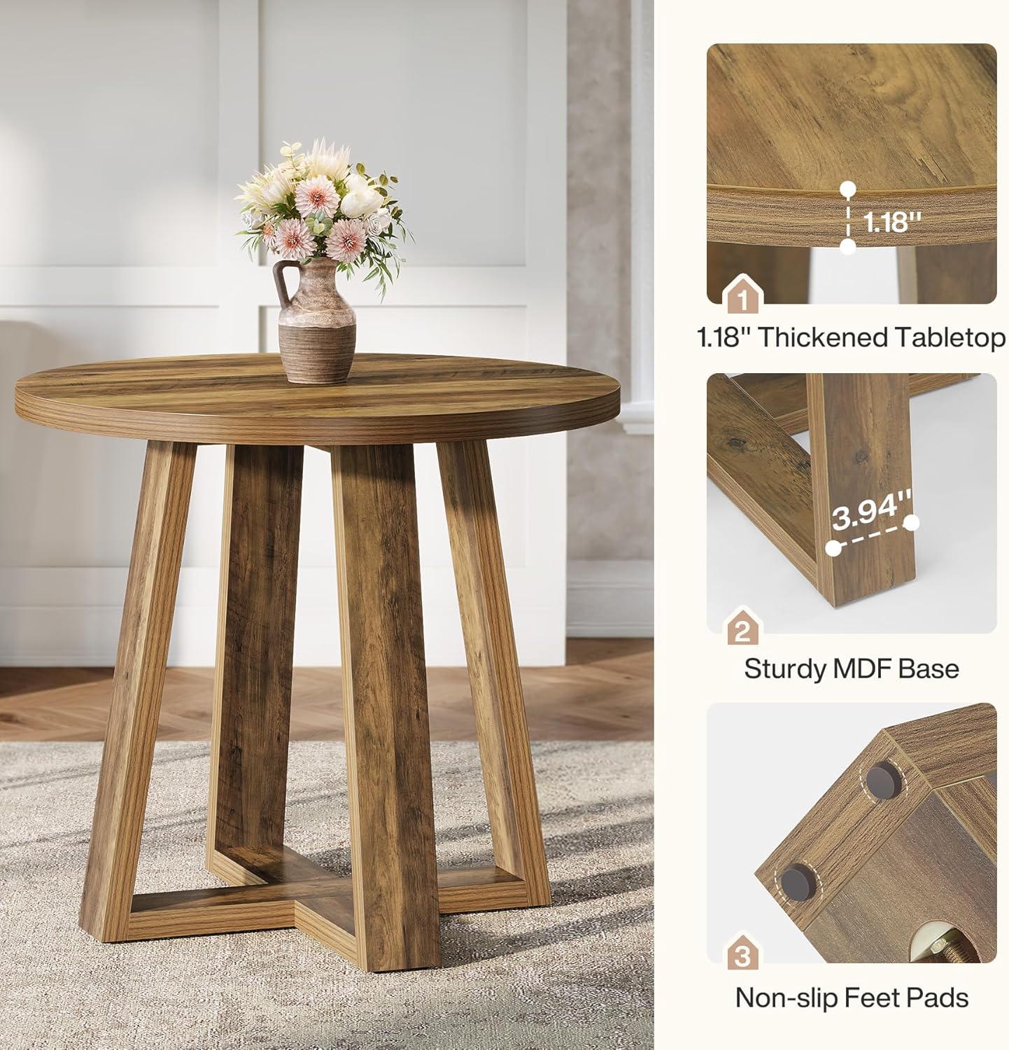 31.5" Round Farmhouse Dining Table - Rustic Brown Kitchen Table for Small Spaces
