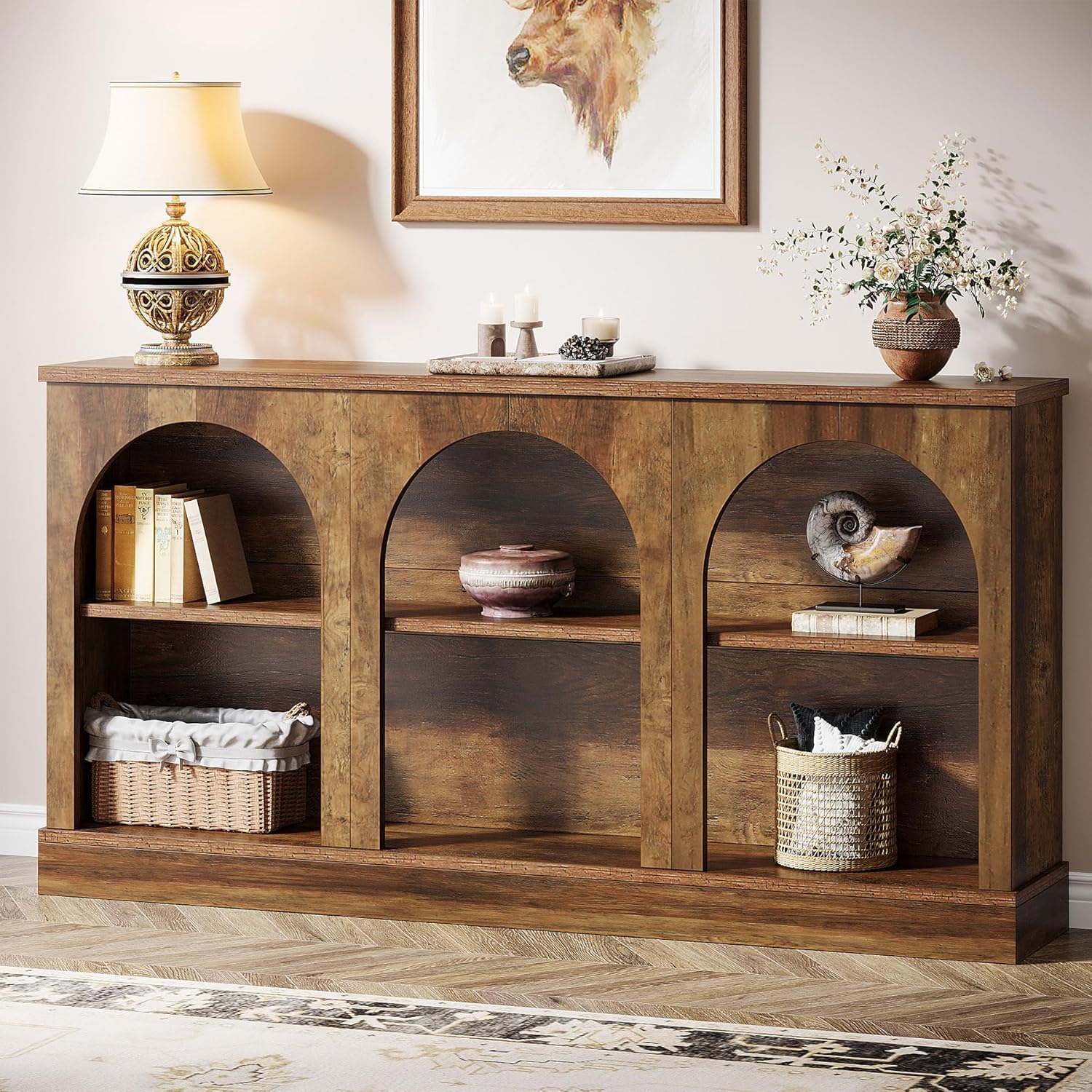 63" Farmhouse Console Table - 3-Tier Sofa Table w/Storage