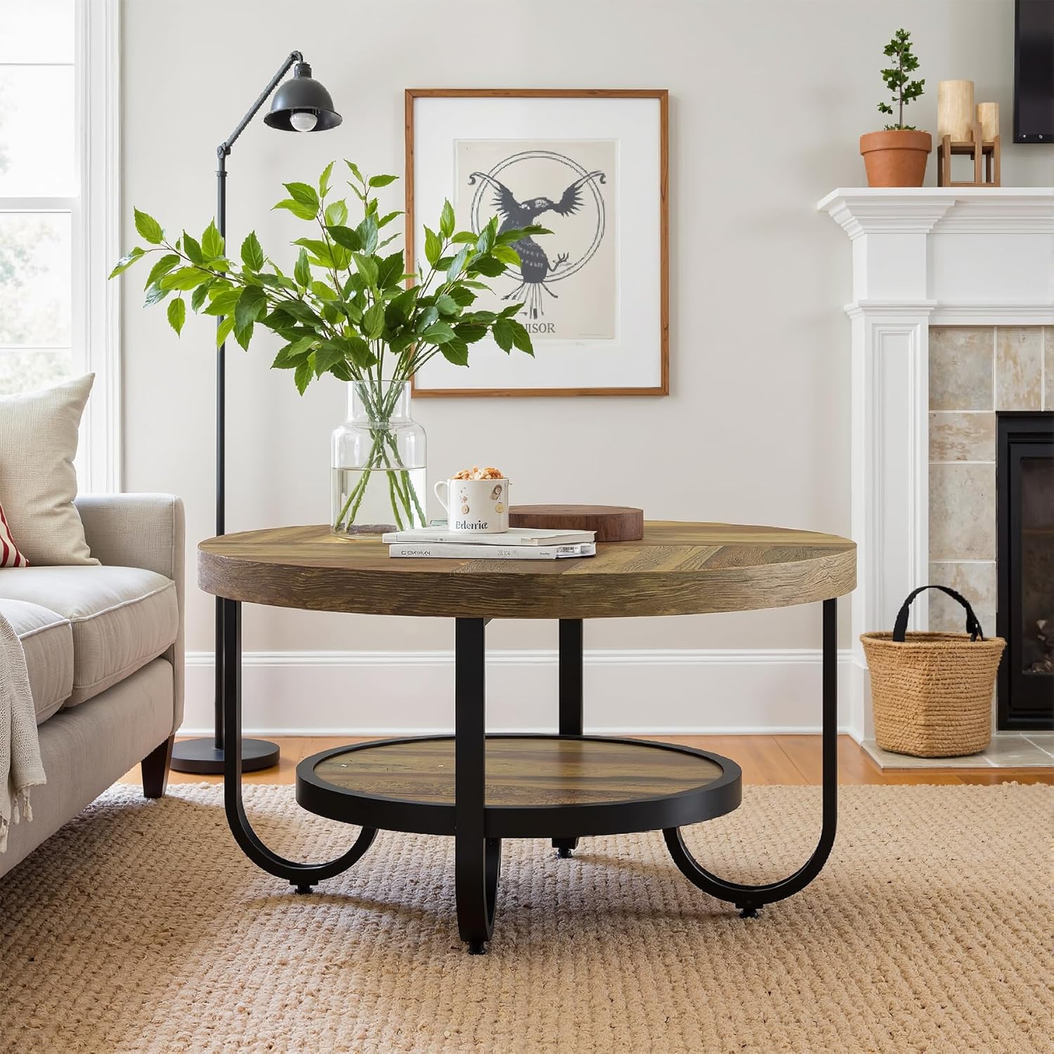 2-Tier Round Coffee Table with Storage, 31.1-Inch Center Cocktail Table