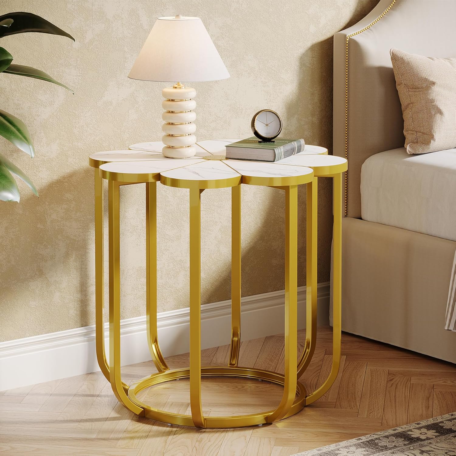23.6-Inch Flower Side Table, Modern Faux Marble End Table with Gold Metal Frame