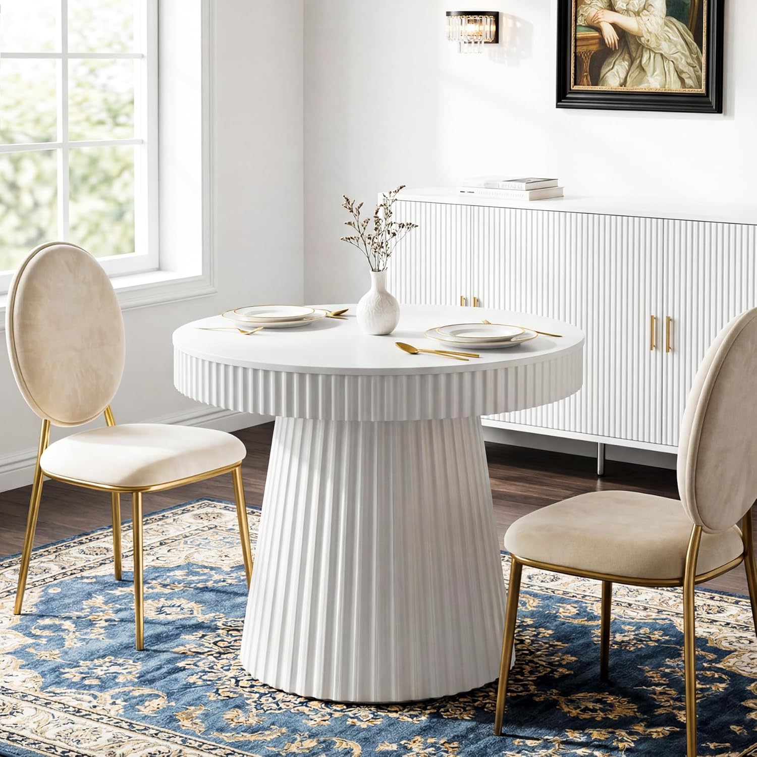 31.5 Inch Round Dining Table for 2-4 People, Modern Kitchen Table with Fluted Pedestal