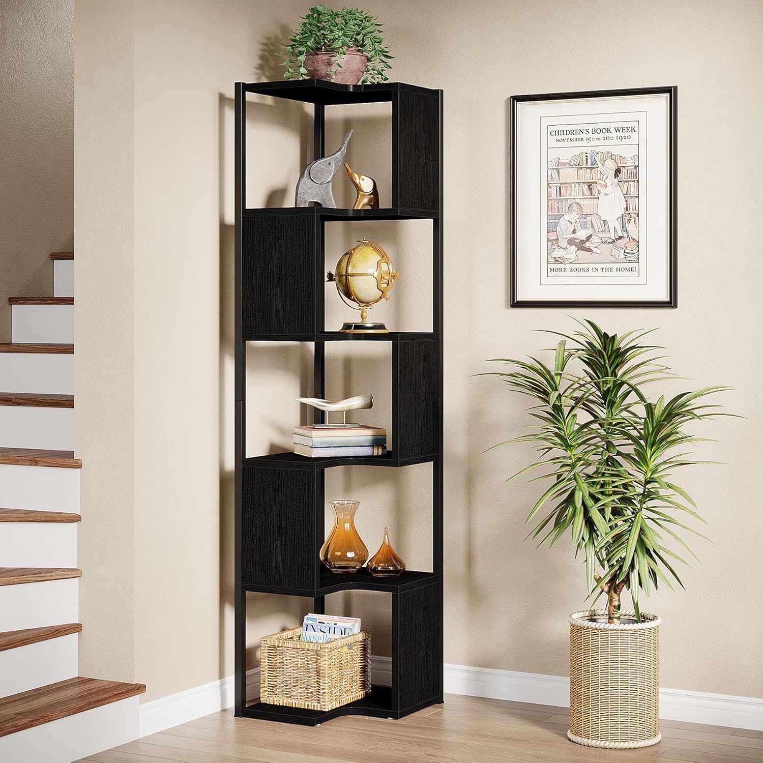 6-Tier Small Corner Bookshelf，Display Rack with Metal Frame