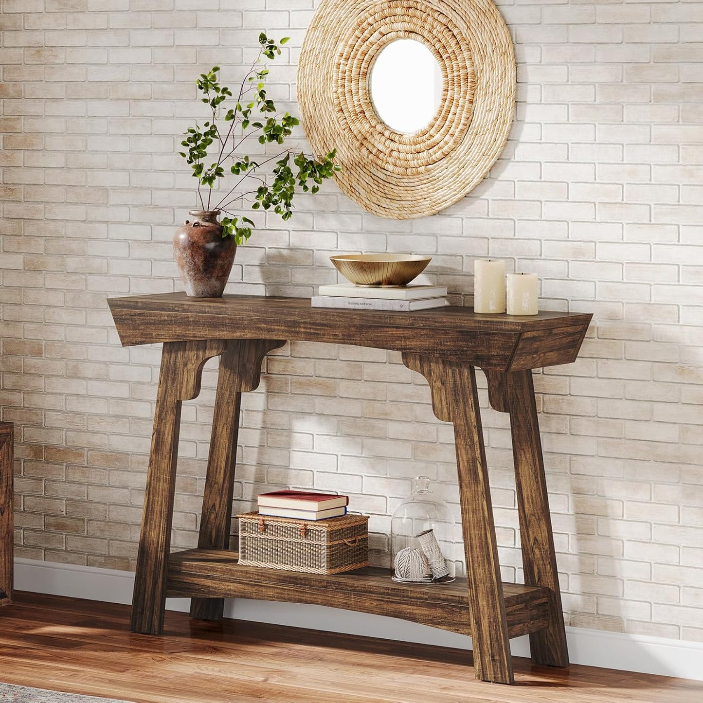 2-Tier Wood Entryway Table with Shelf with Storage, Farmhouse Narrow Sofa Table