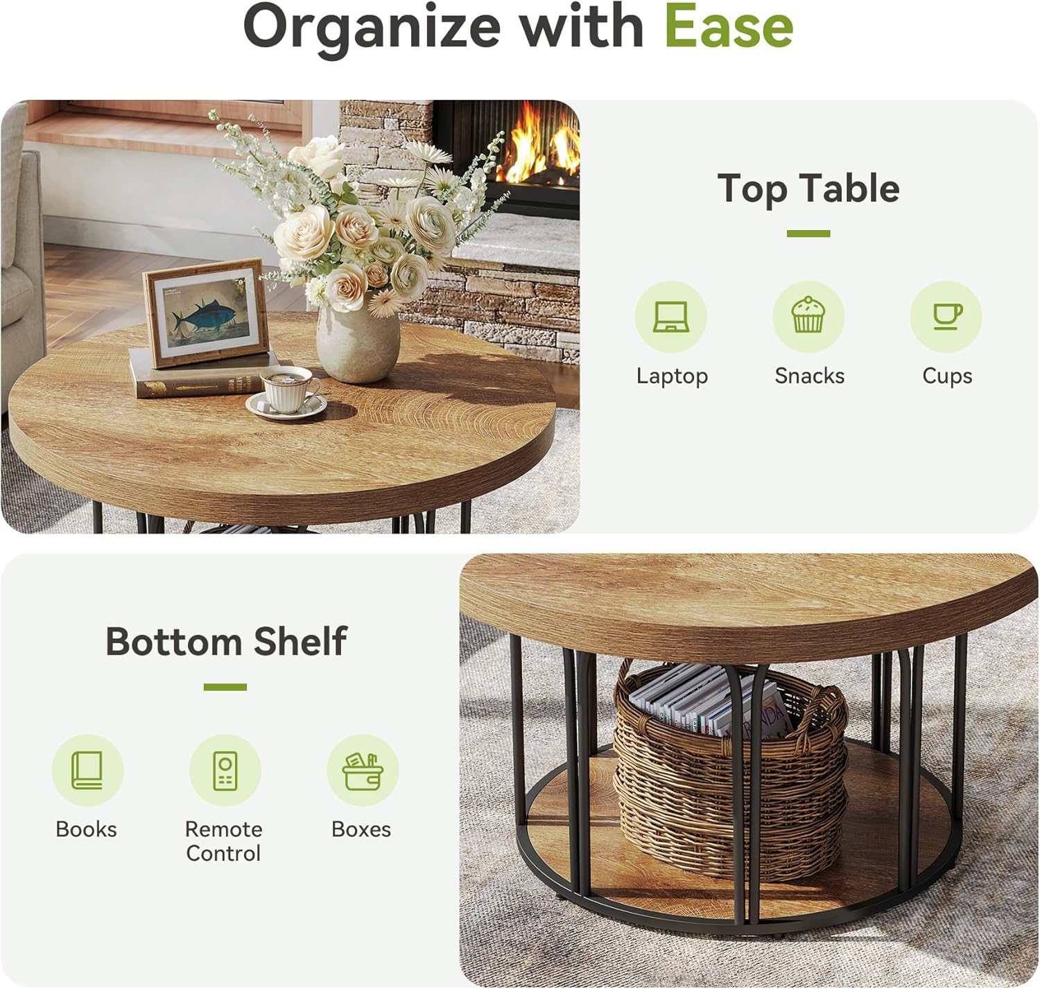 31.5-Inch Round Coffee Table with 2 Tiers and Storage, Farmhouse Wooden Center Table