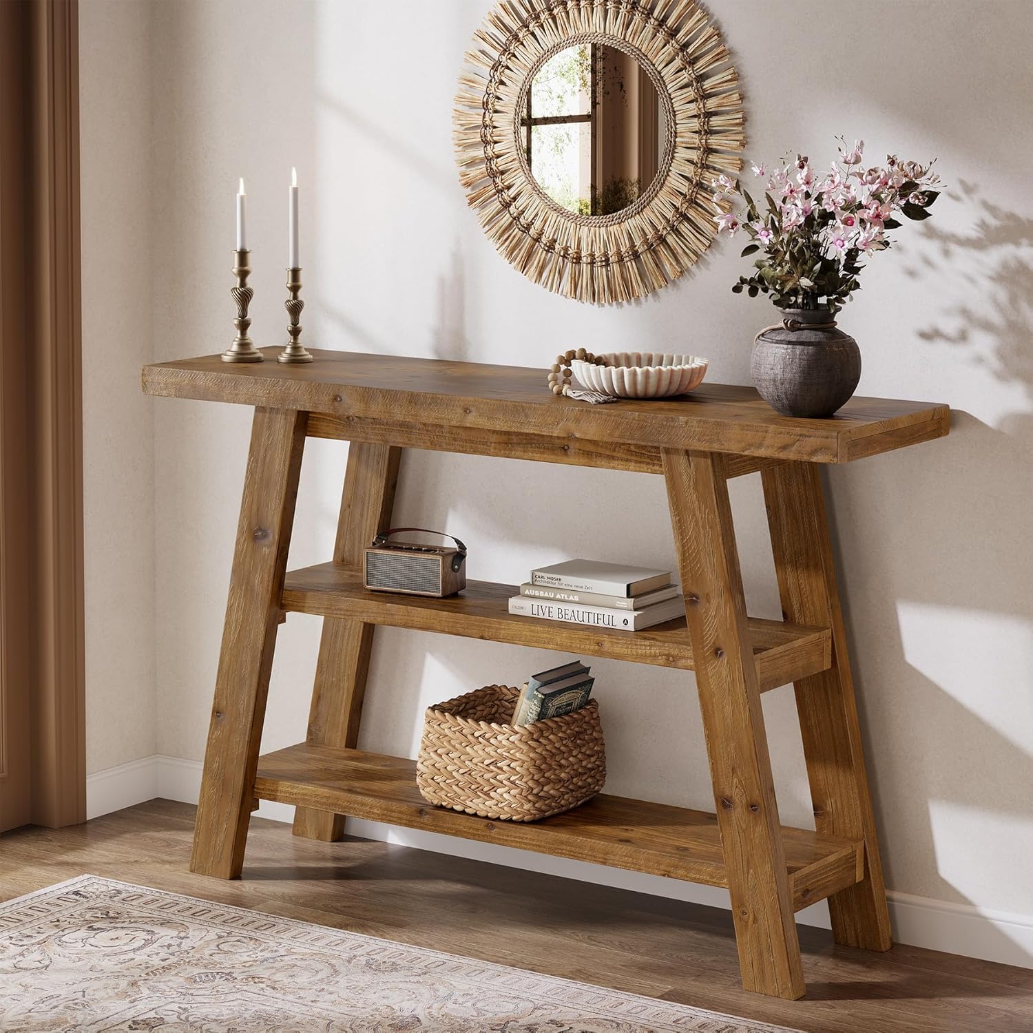 47.24" Solid Wood  Farmhouse Console Table, 3-Tier Shelf Entryway Table for Hallway & Living Room