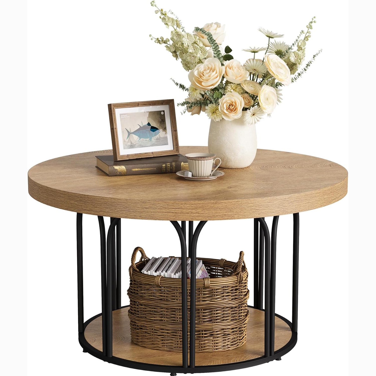 31.5-Inch Round Coffee Table with 2 Tiers and Storage, Farmhouse Wooden Center Table