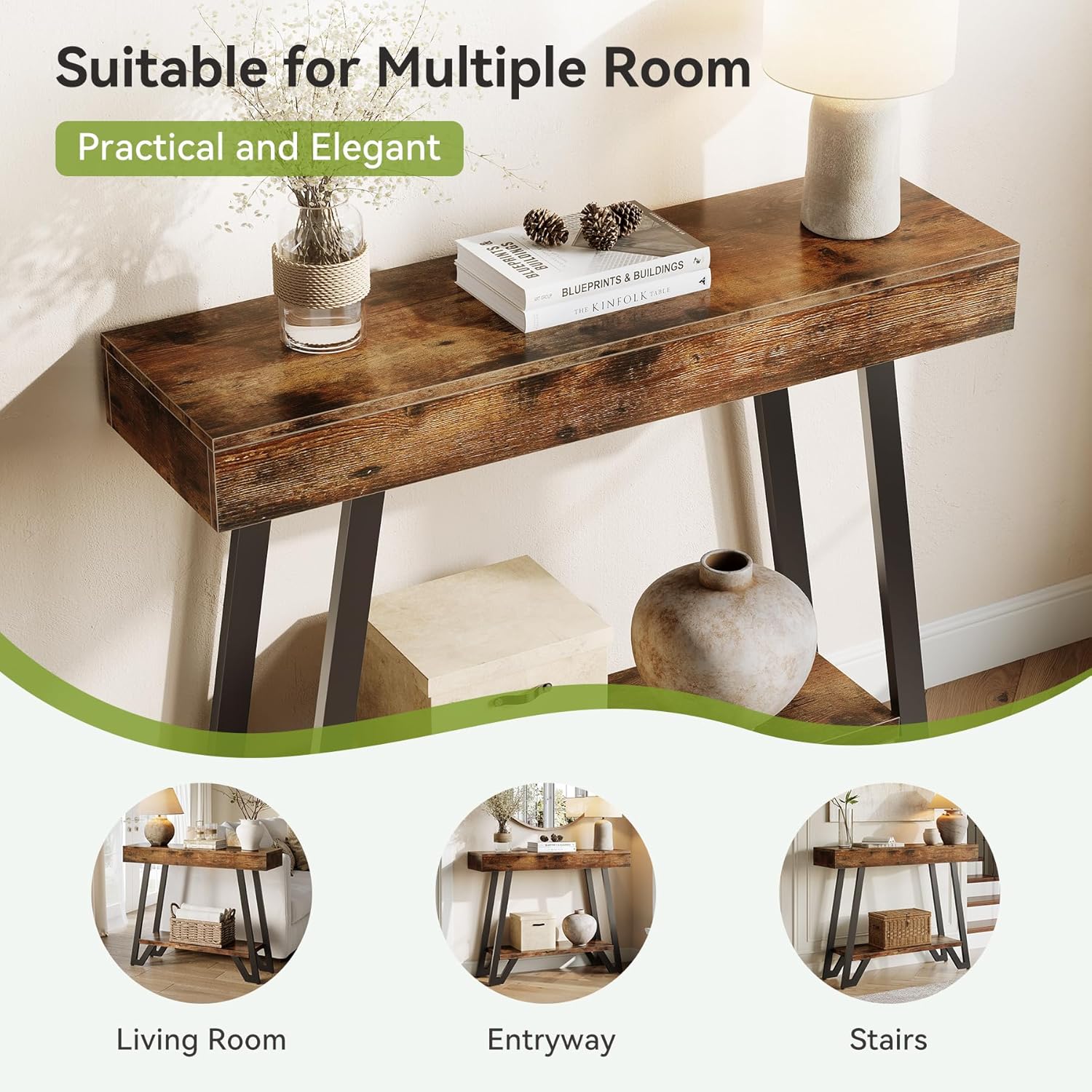 41" Rustic Industrial Console Table with Metal Frame, 2-Tier Storage Shelf for Entryway & Living Room