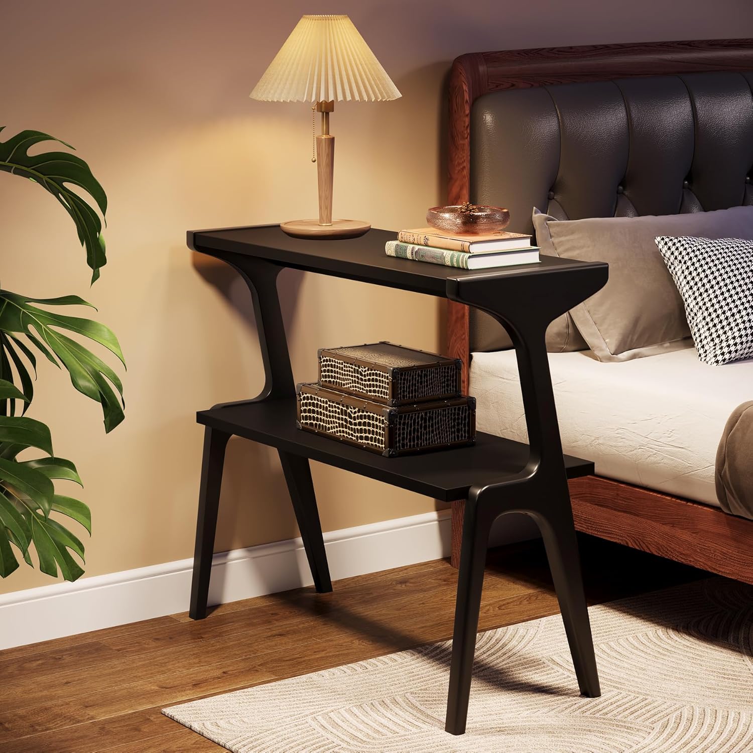 2-Tier End Table, Slim Sofa Side Table with Storage Shelf