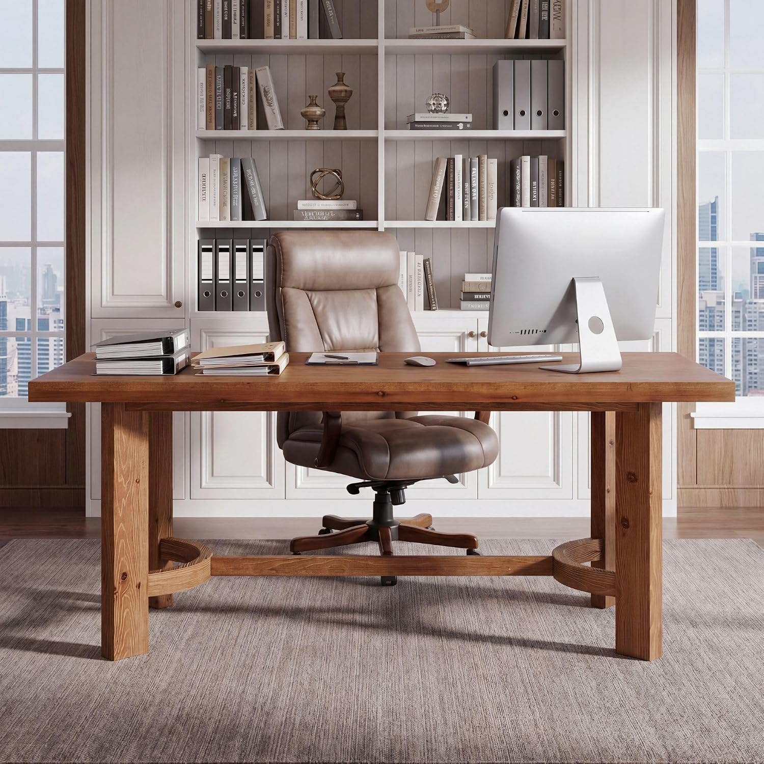 Tribesigns 63-Inch Solid Wood Executive Desk, Farmhouse Work Table for Home Office and Meetings