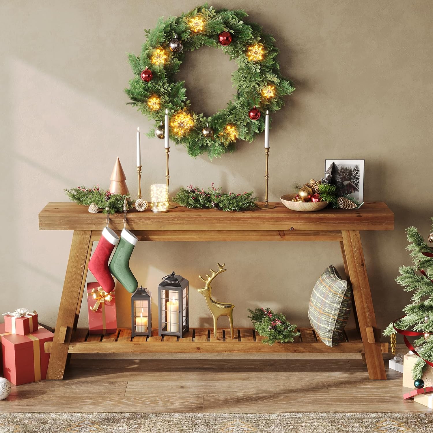 Solid Wood Console Table with Storage, Farmhouse 2-Tier Narrow Sofa Table for Living Room