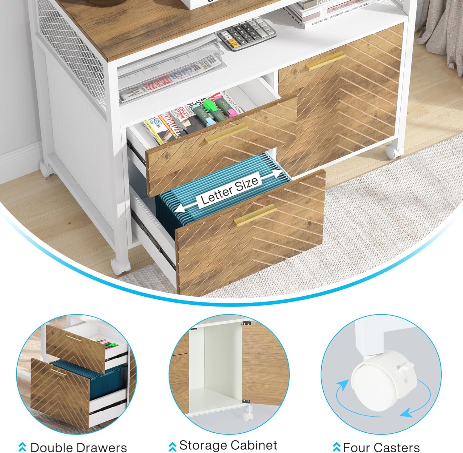 Tribesigns Modern File Cabinet with Drawers, Lateral Filing Cabinet Printer Stand with Storage Shelves and Rolling Casters for Home Office