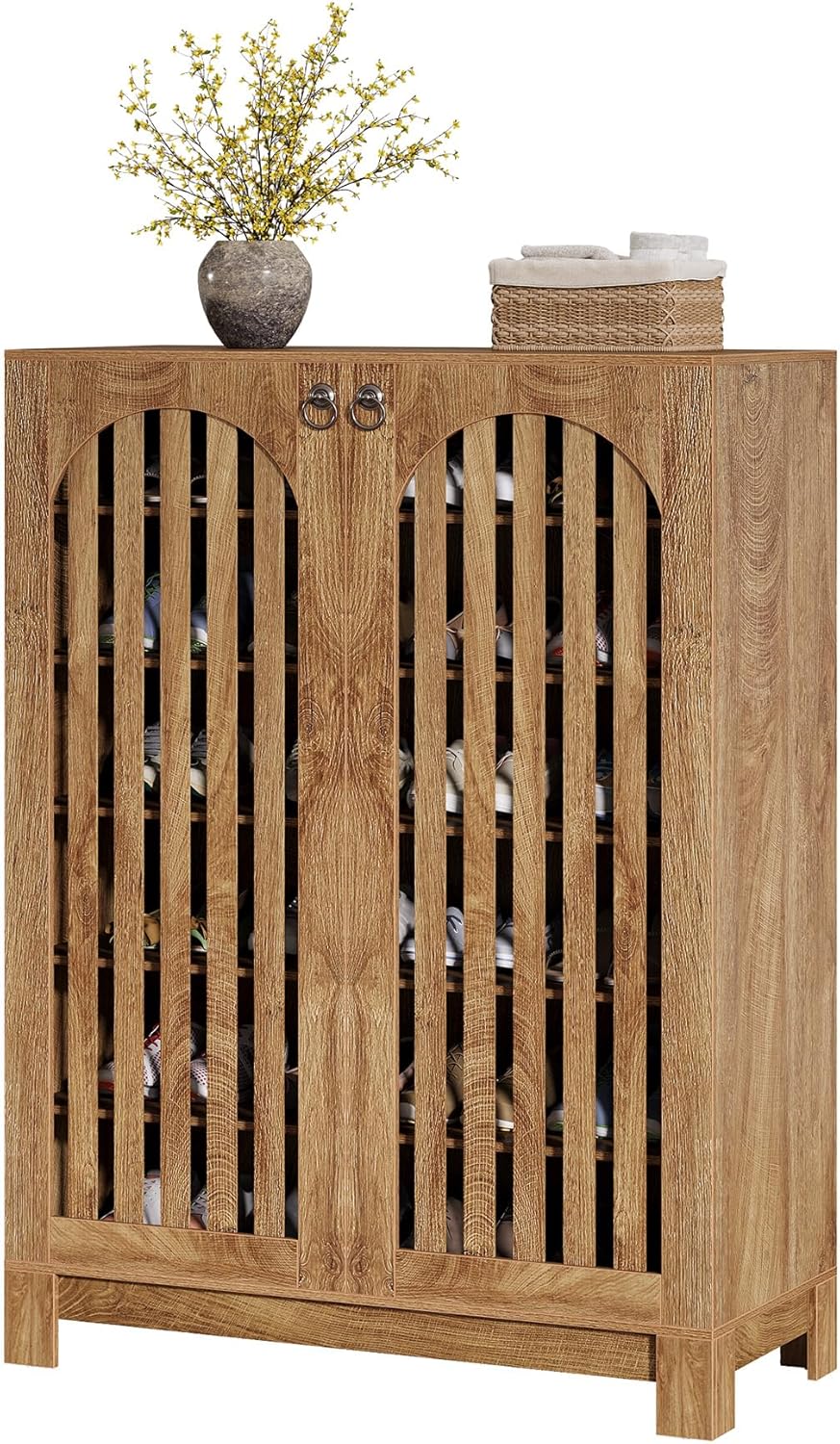 35" Oak 6-Tier Shoe Cabinet, Wooden Shoe Rack with Airy Doors & Adjustable Shelves