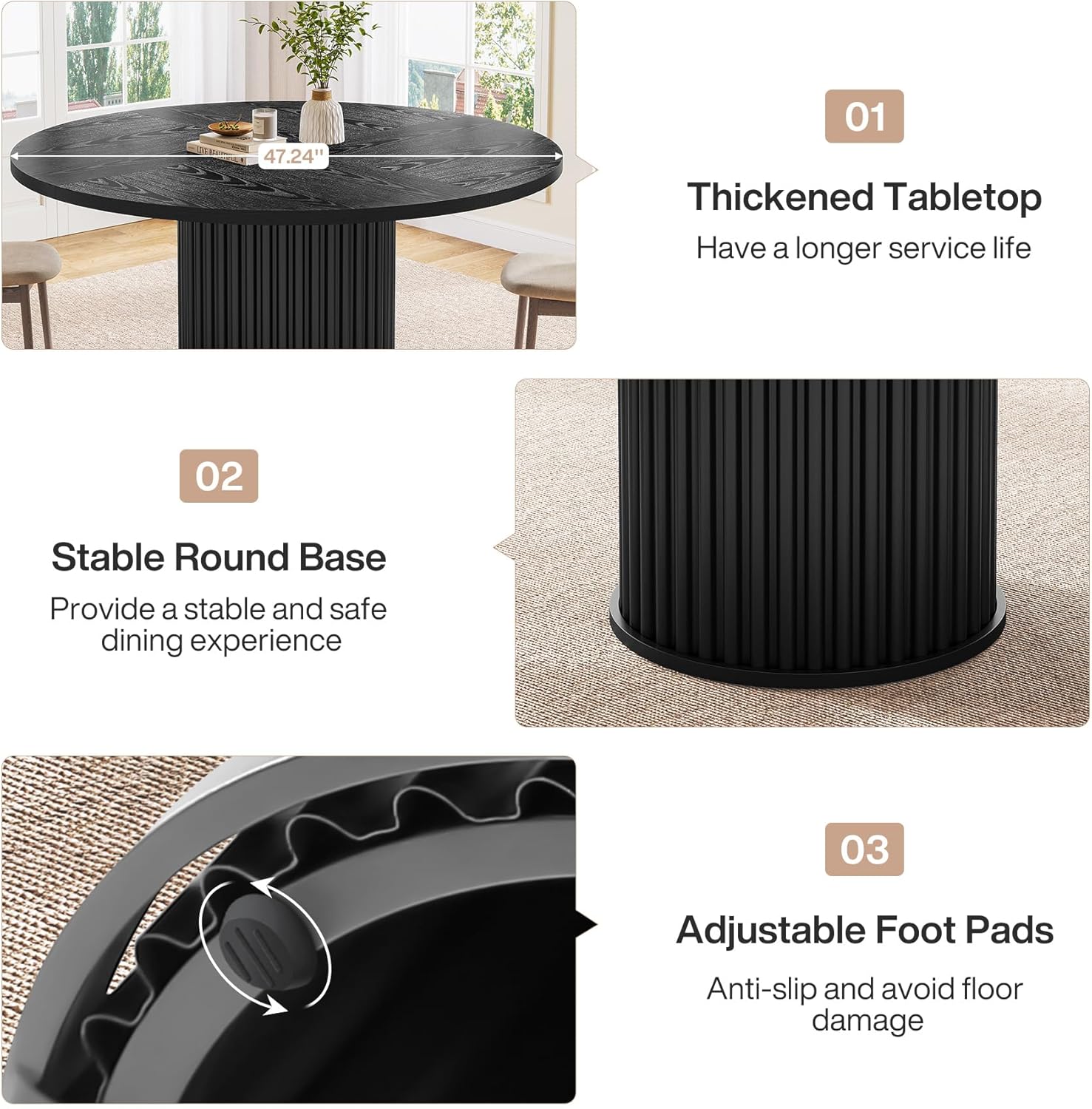 47" Round Dining Table for 4–6 People, Modern Farmhouse Kitchen Table with Fluted Pedestal Base