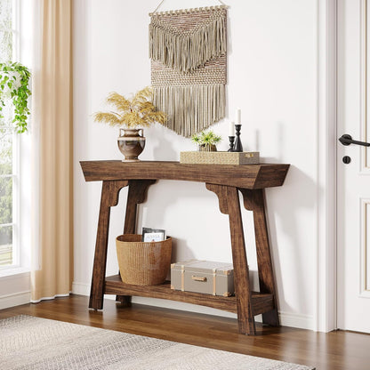 2-Tier Wood Entryway Table with Shelf with Storage, Farmhouse Narrow Sofa Table