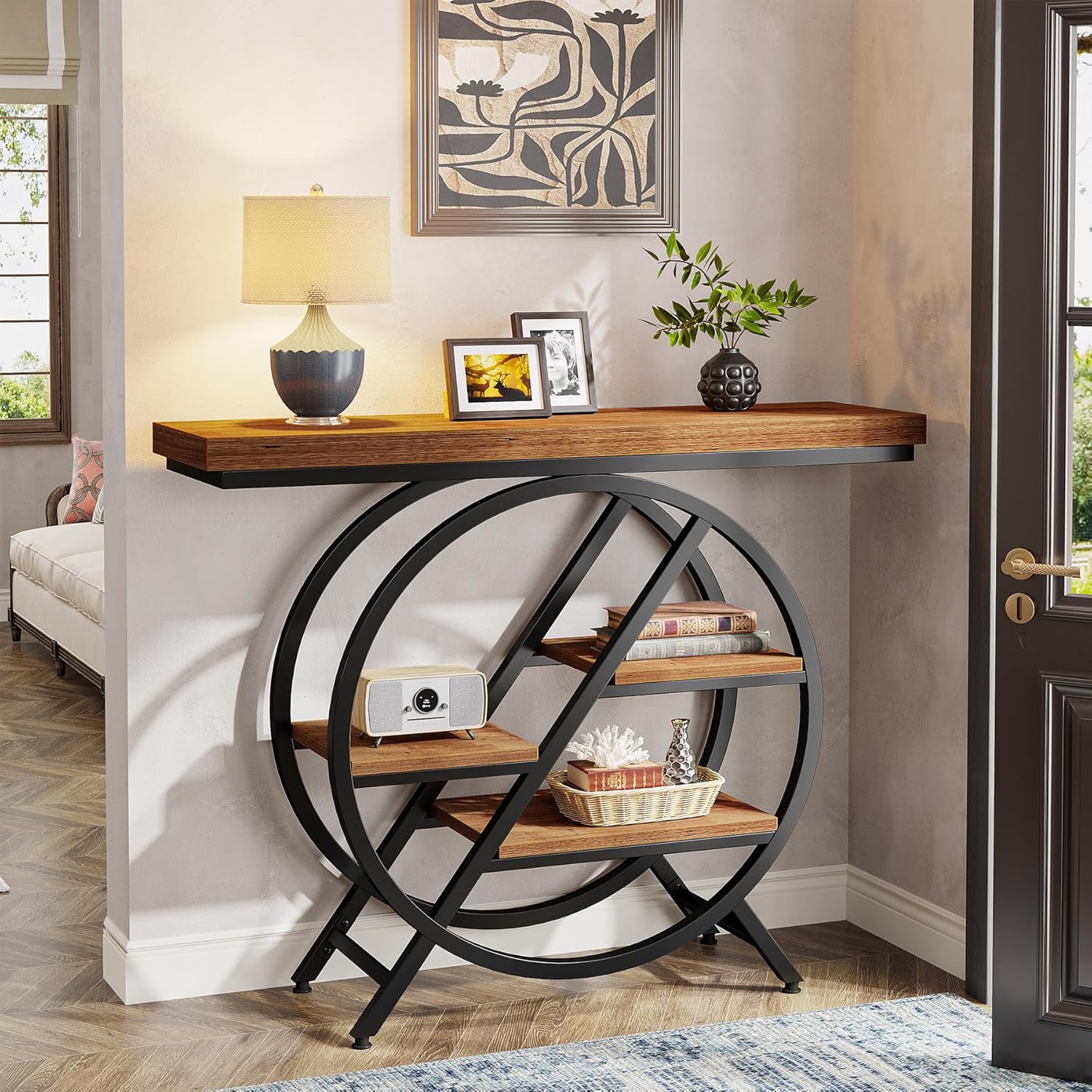 4-Tier Console Table, 39.4" Entryway Table with Geometric Metal Frame