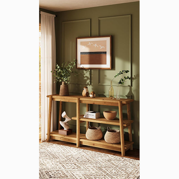 Solid Wood Console Table 63", Three-Tier Farmhouse Sofa Table with Storage