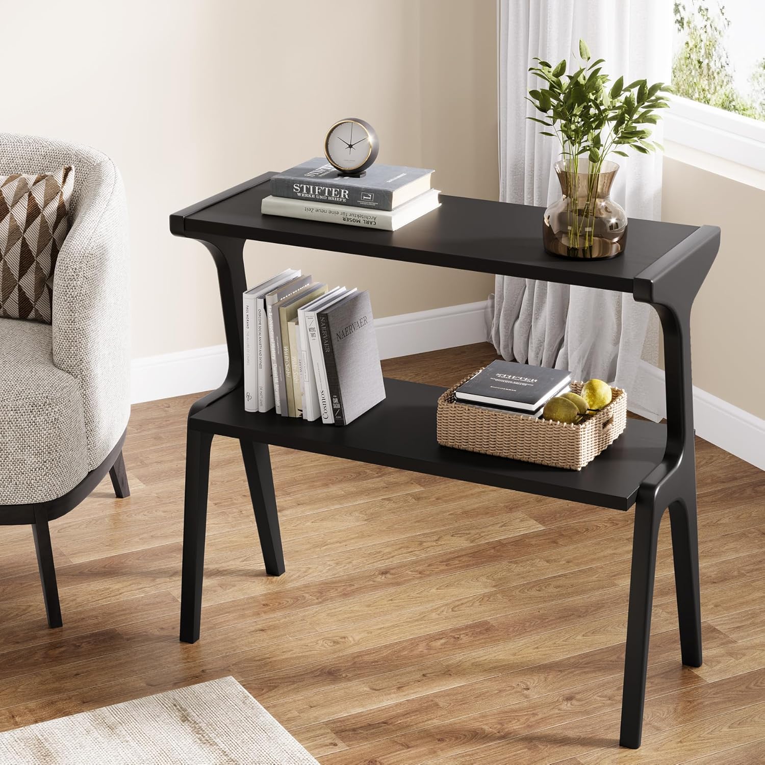 2-Tier End Table, Slim Sofa Side Table with Storage Shelf