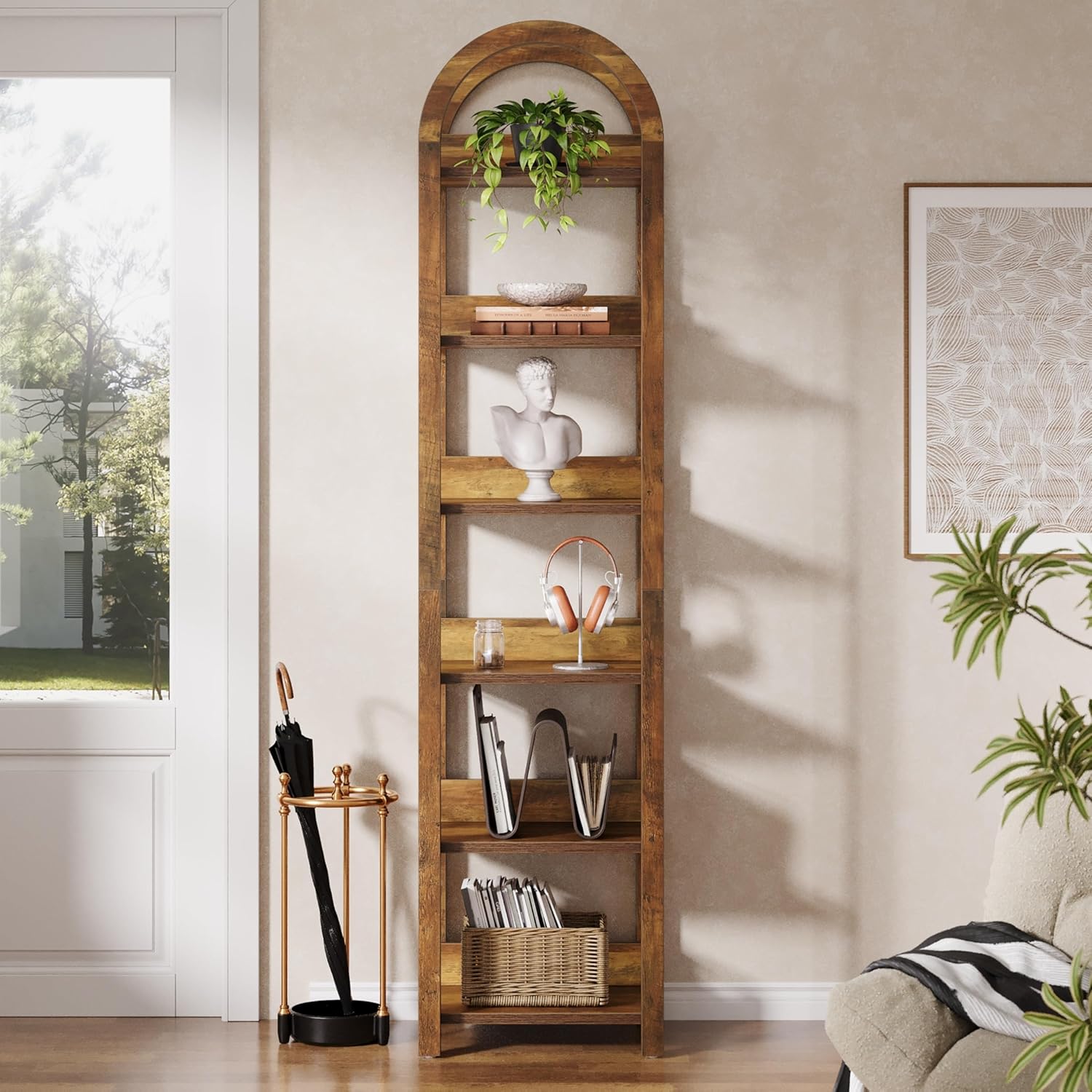 70.87-Inch 6-Tier Narrow Bookshelf with Arched Top, Tall Slim Bookcase