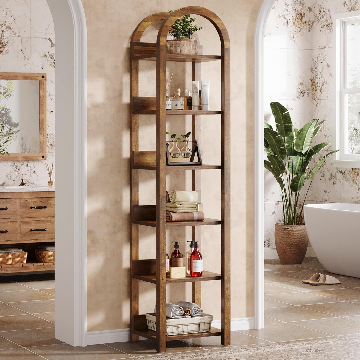 70.87-Inch 6-Tier Narrow Bookshelf with Arched Top, Tall Slim Bookcase