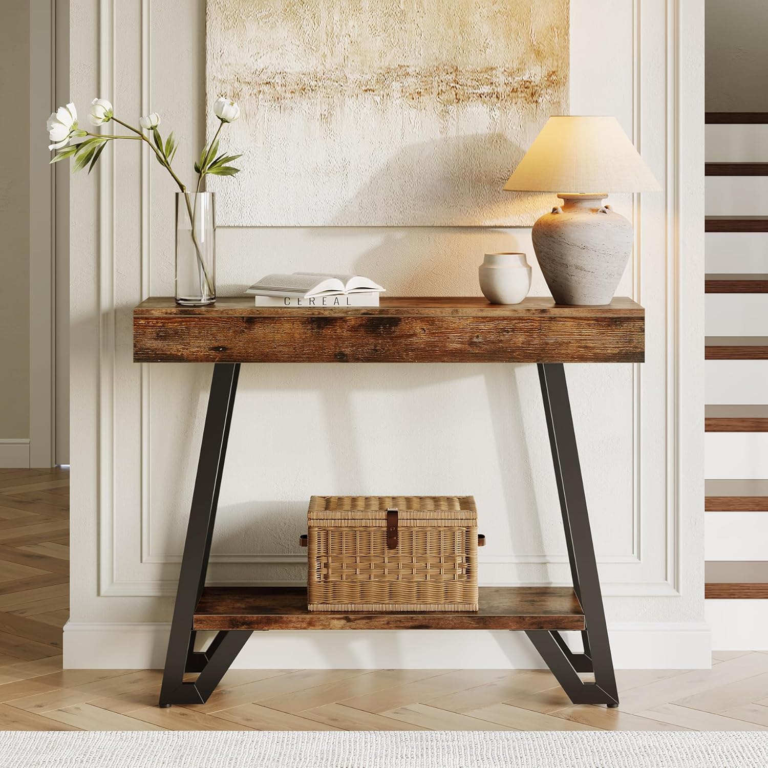 41" Rustic Industrial Console Table with Metal Frame, 2-Tier Storage Shelf for Entryway & Living Room