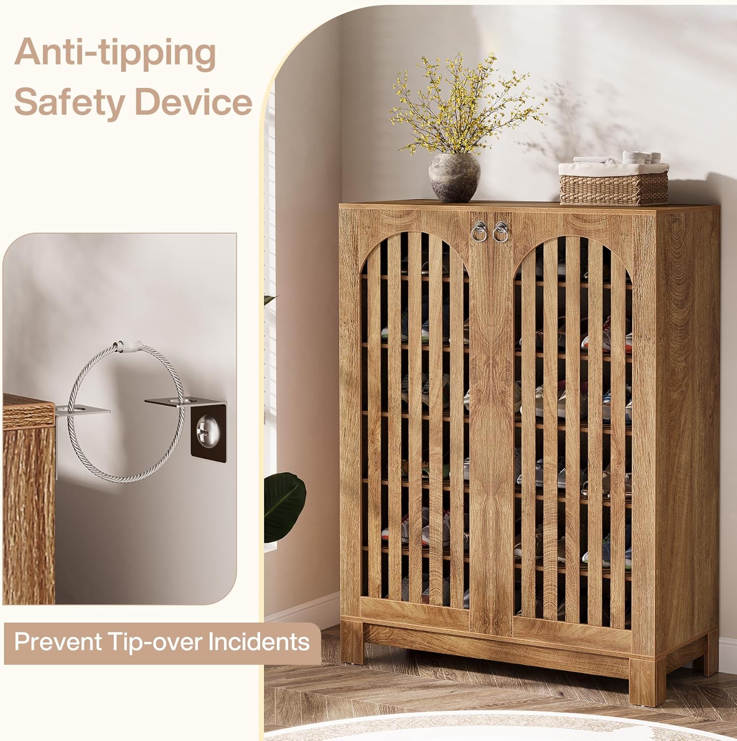 35" Oak 6-Tier Shoe Cabinet, Wooden Shoe Rack with Airy Doors & Adjustable Shelves