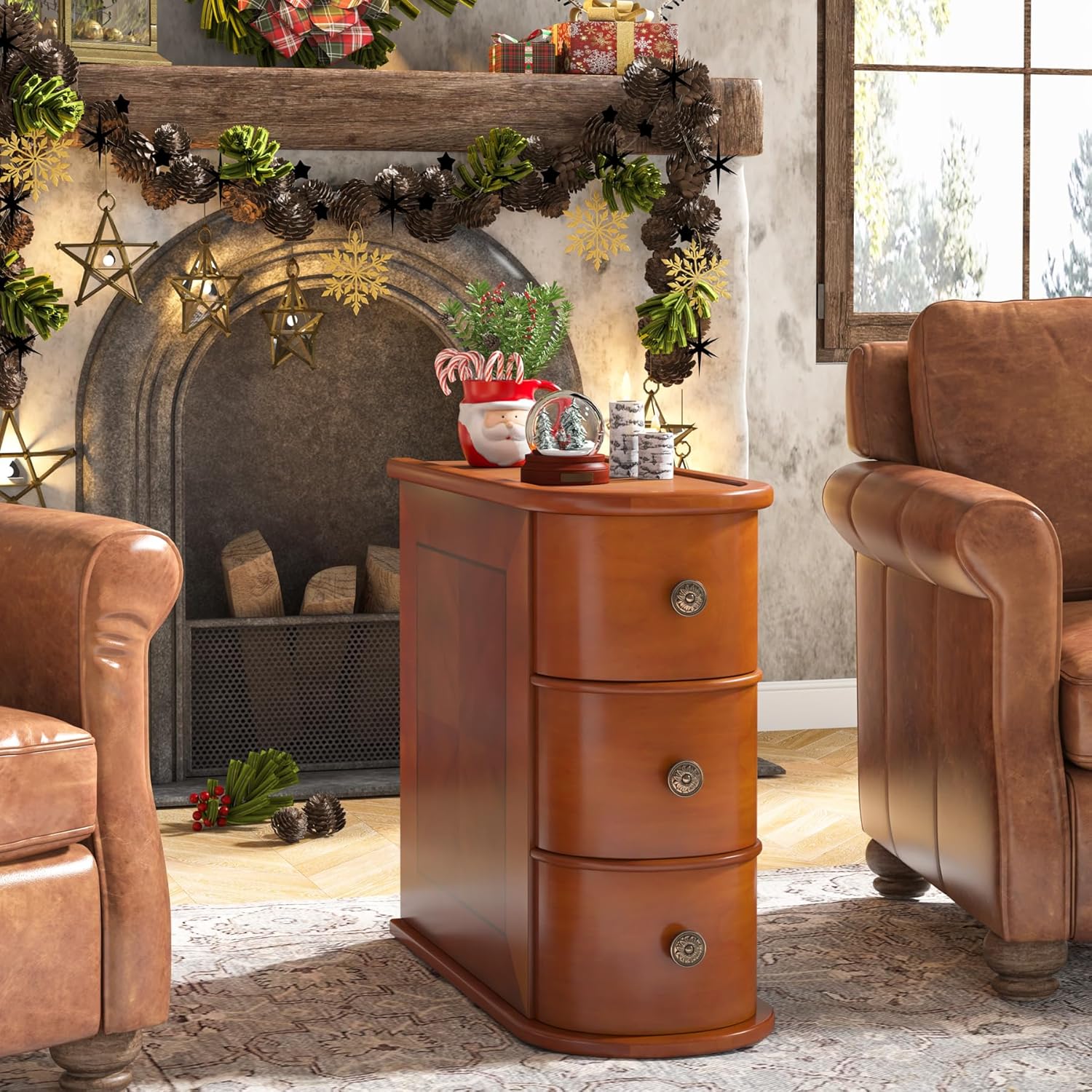 Wood Narrow End Table with 2 Drawers - Modern Nightstand