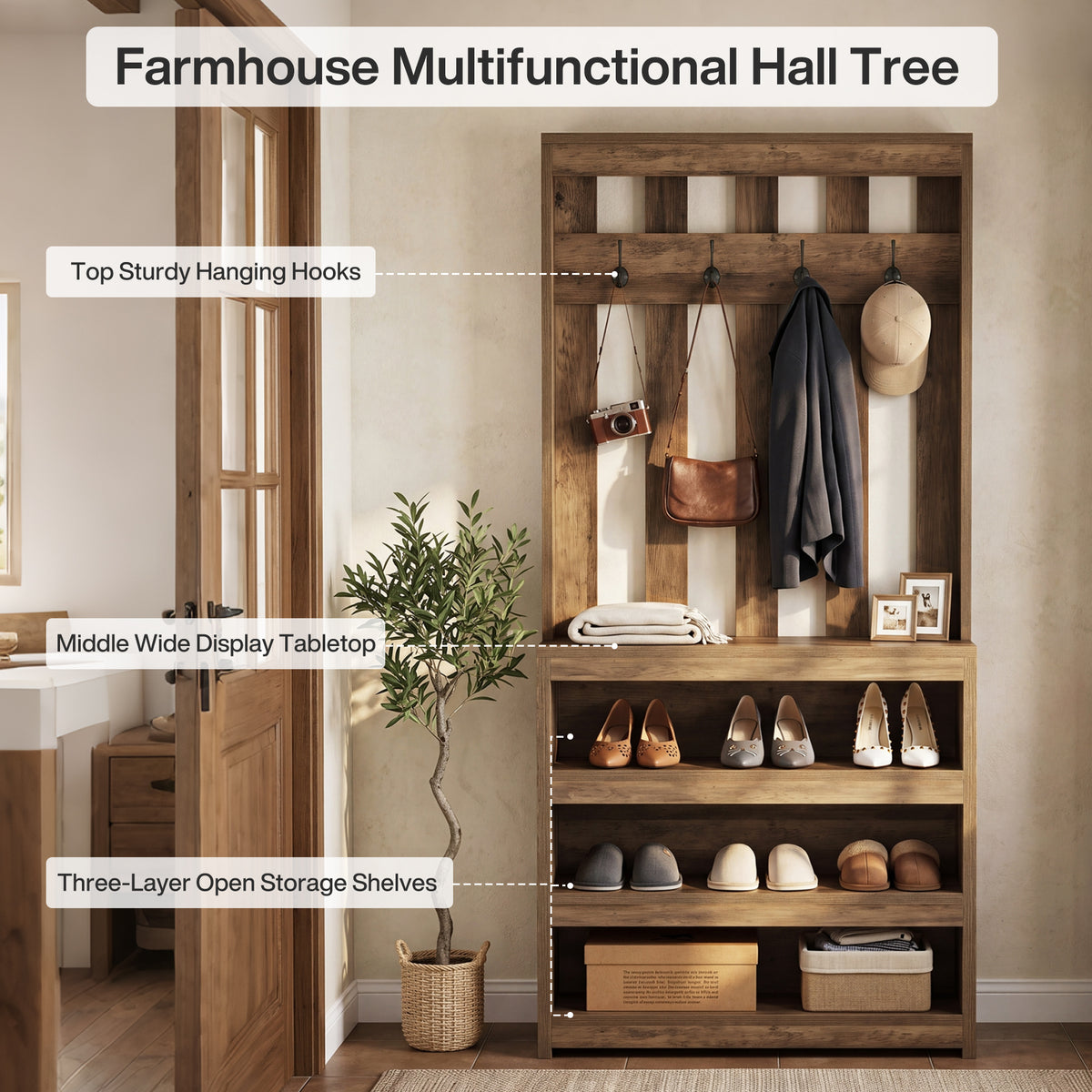 Tribesigns 70.87" Slatted Room Divider with Shoe Shelves, Farmhouse Hall Tree with 4 Hooks for Entryway