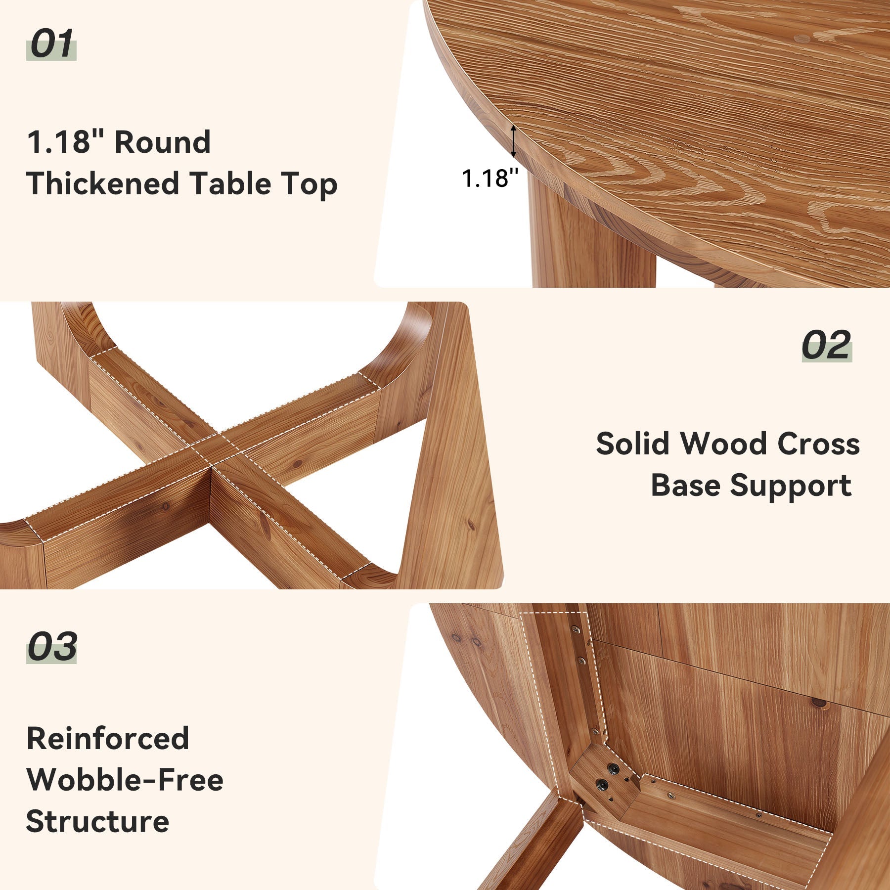 39.4-Inch Round Solid Wood Dining Table with X-Cross Legs, Farmhouse Kitchen Table for 2 to 4 People