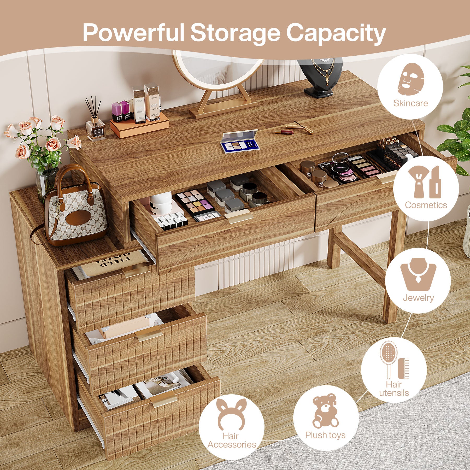 Makeup Vanity Desk with 5 Drawers, Reversible Dressing Table for Bedroom and Narrow Spaces (without mirror)