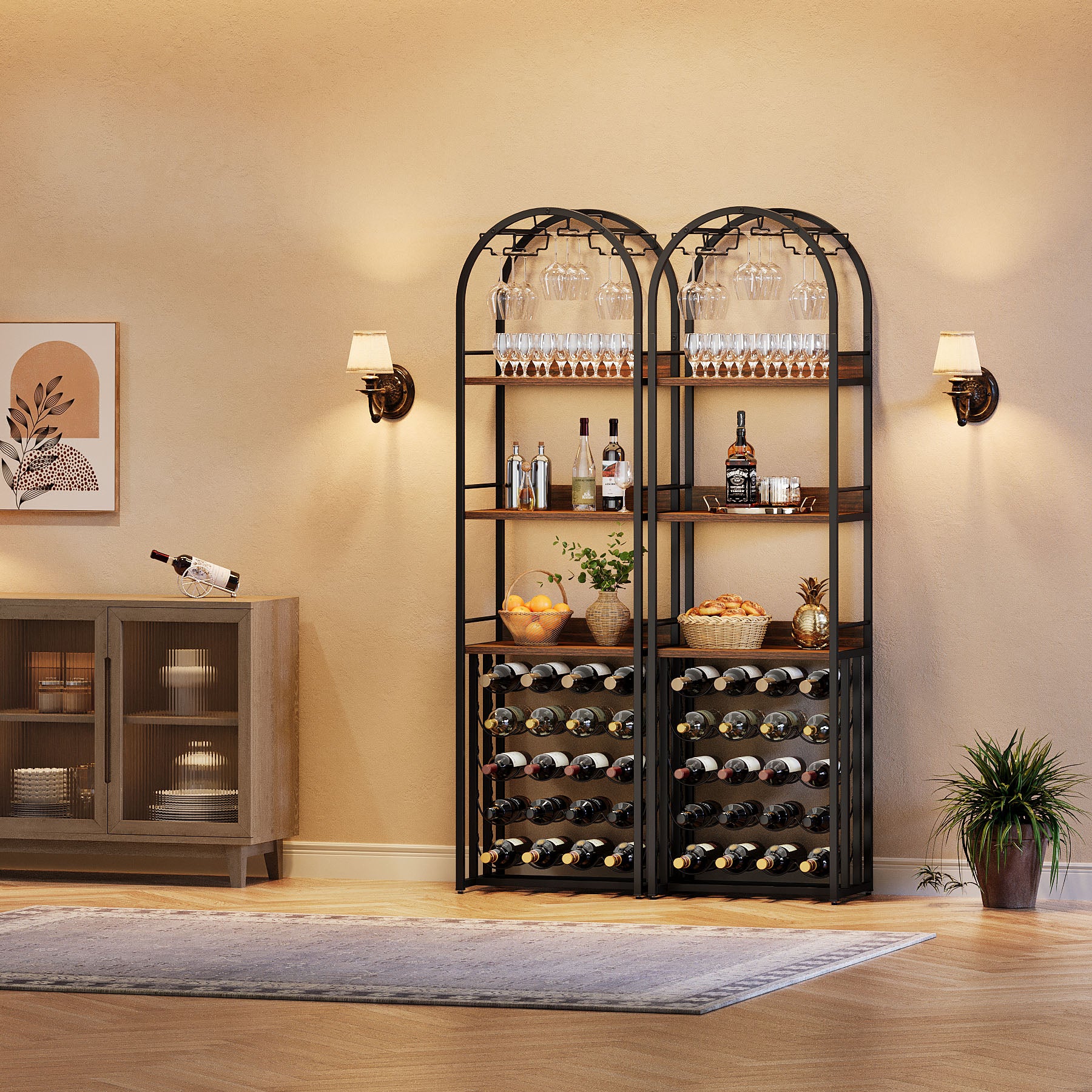 70.9" Tall Wine Rack with Glass Holder, Industrial Metal Wine Storage Stand with Tabletop