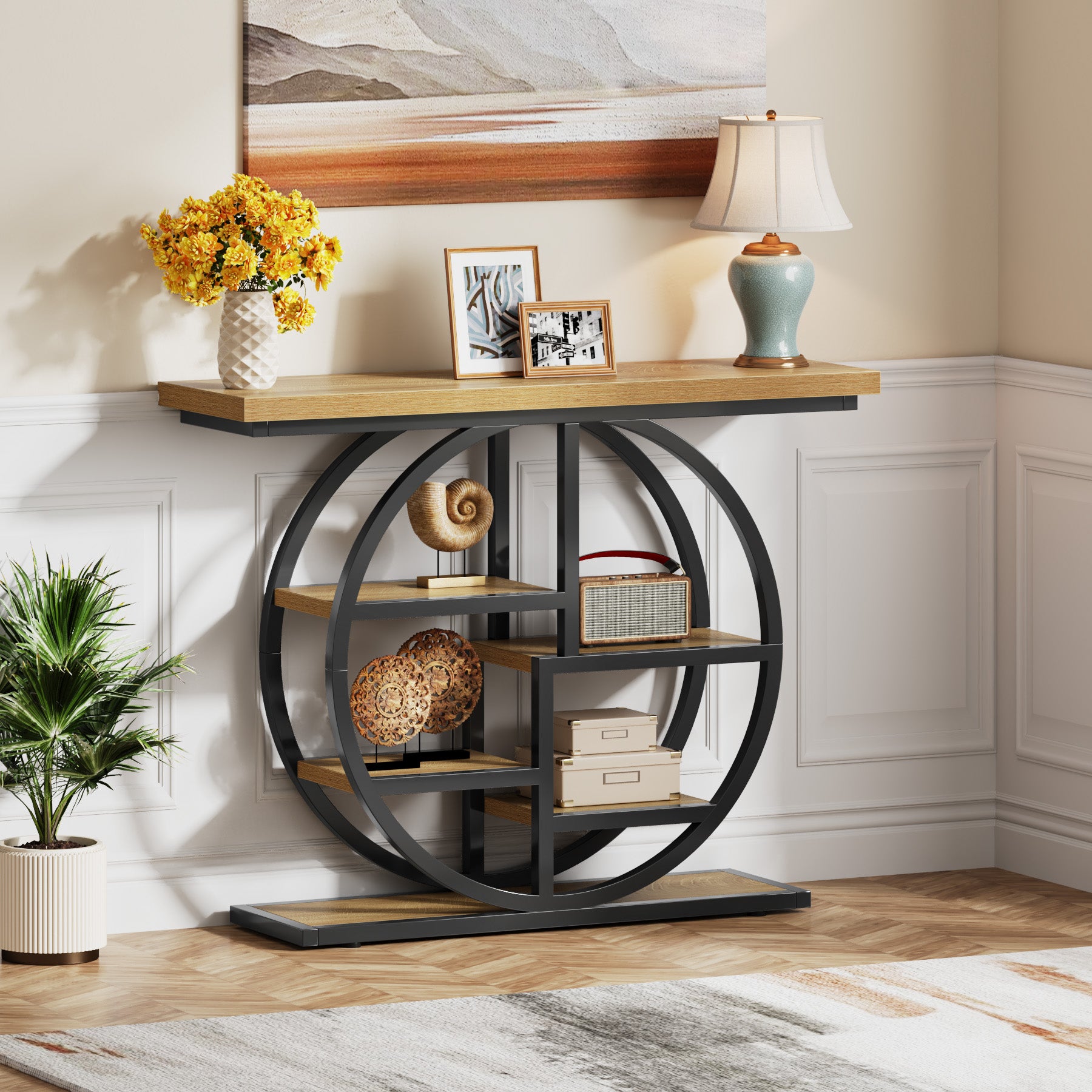 Tribesigns Industrial Console Table - 105cm Narrow 6-Tier Sofa Entryway Table with Circle Base, Storage Shelves