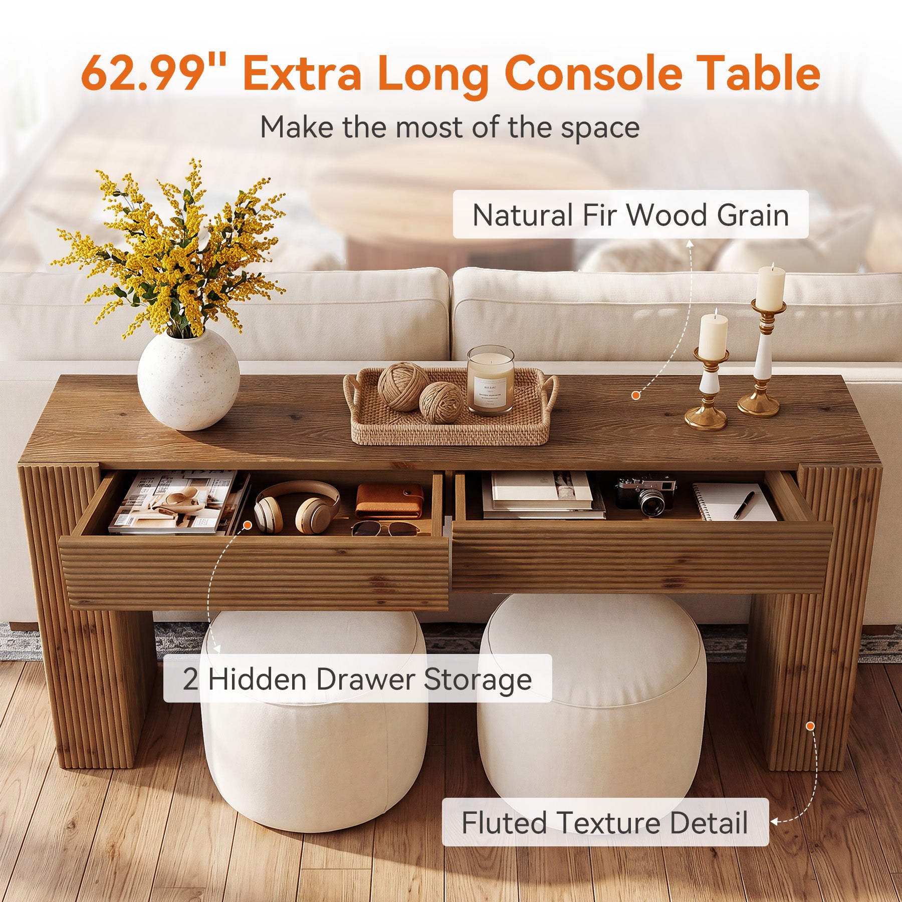 Tribesigns 63-Inch Solid Wood Console Table with 2 Drawers, Fluted Farmhouse Table for Hallway