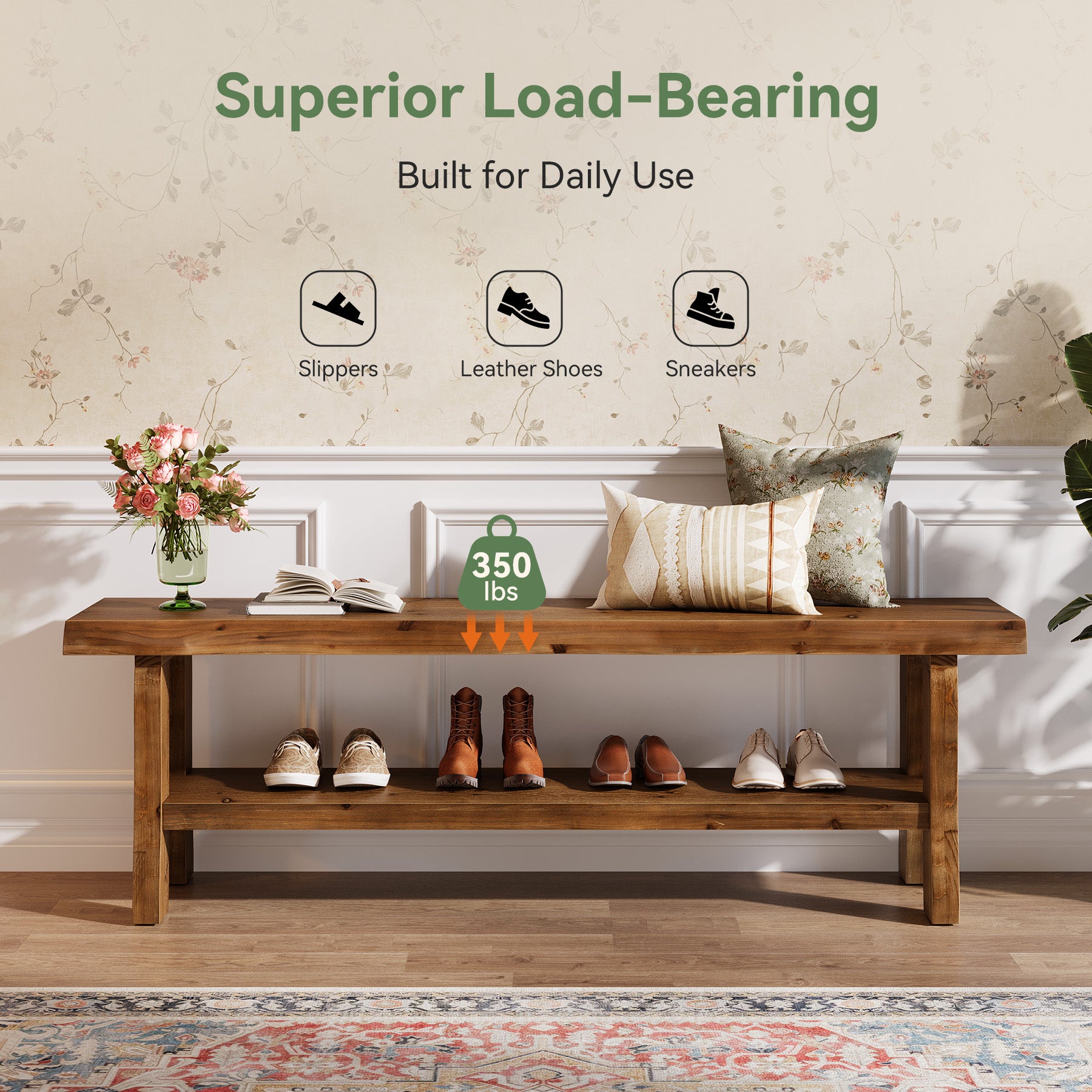 Tribesigns 55-Inch Solid Wood Shoe Storage Bench, Entryway Bench with Lower Shelf for Hallway
