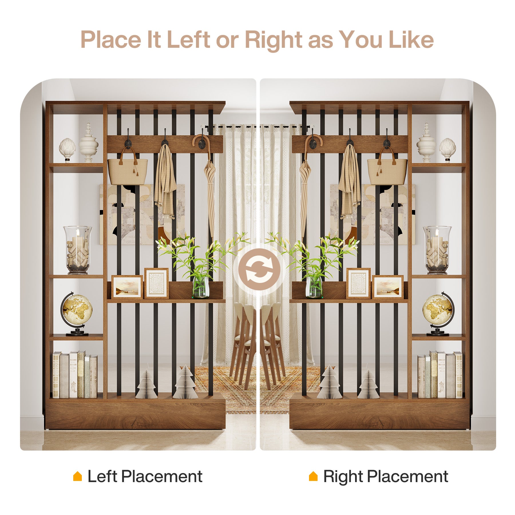 70.9 Inch Room Divider, Freestanding Bookshelf Partition with Shelves and Coat Hooks