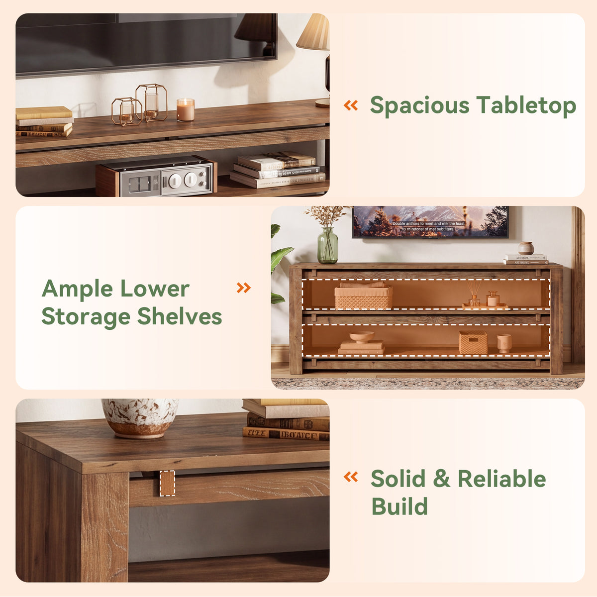 Tribesigns 63" Solid Wood TV Stand with 3-Tier Open Storage, Rustic Media Console for 75" TVs