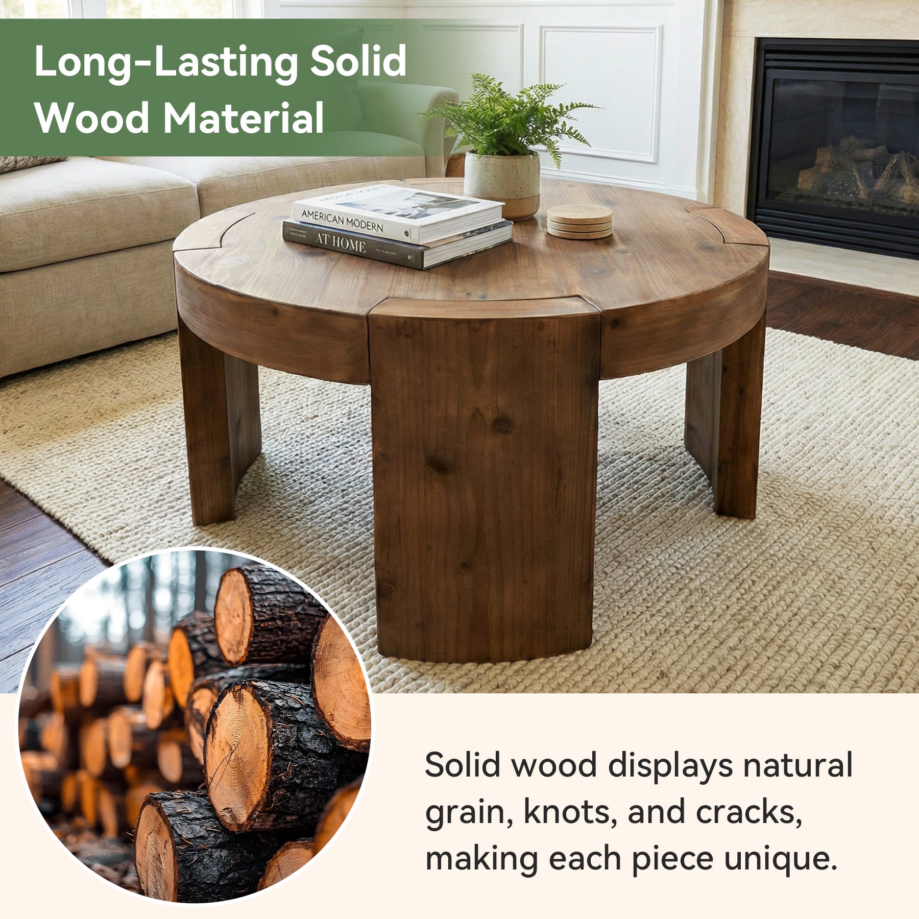 31.5 Inch Solid Wood Round Coffee Table with Integrated Tabletop, Farmhouse Center Table for Living Room