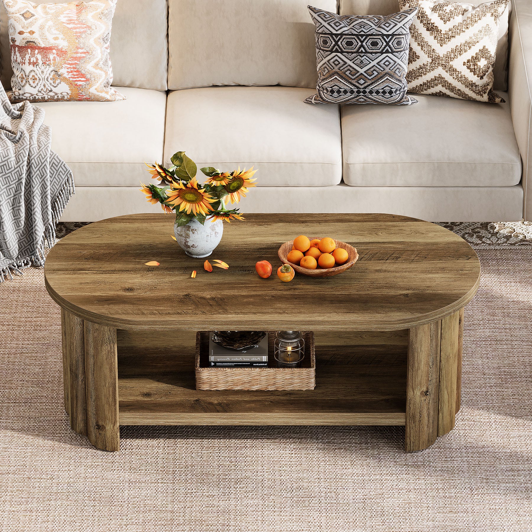 47.24-Inch Oval Coffee Table with 2-Tier Storage Shelf and Dual Base, Farmhouse Accent Center Table