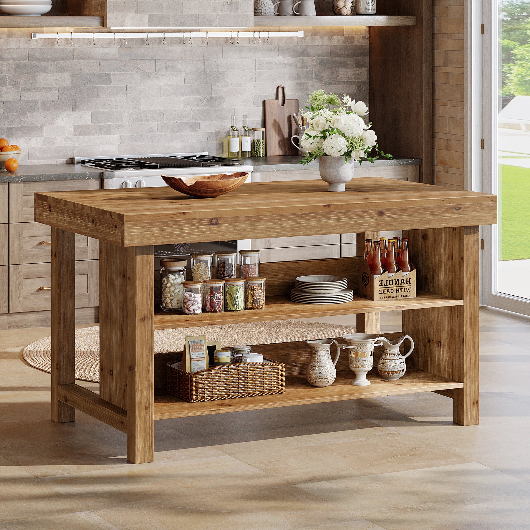 Tribesigns Solid Wood Kitchen Island Table with 2-Tier Open Storage Shelves, Farmhouse Stationary Island Table with Seating for Kitchen and Dining Room