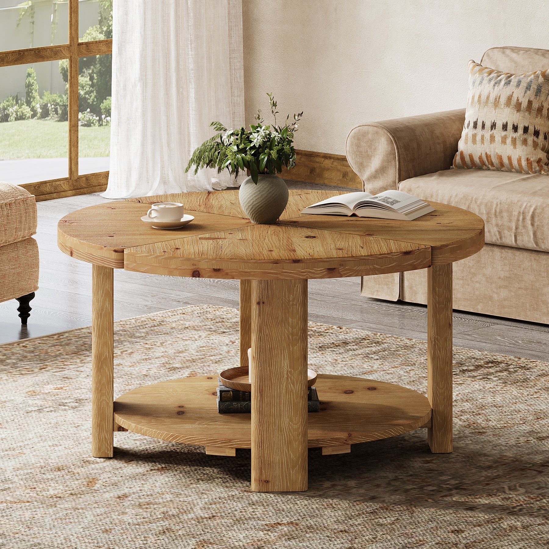 31.5" Farmhouse 2-Tier Coffee Table, Round Solid Wood Storage Table in Natural Brown