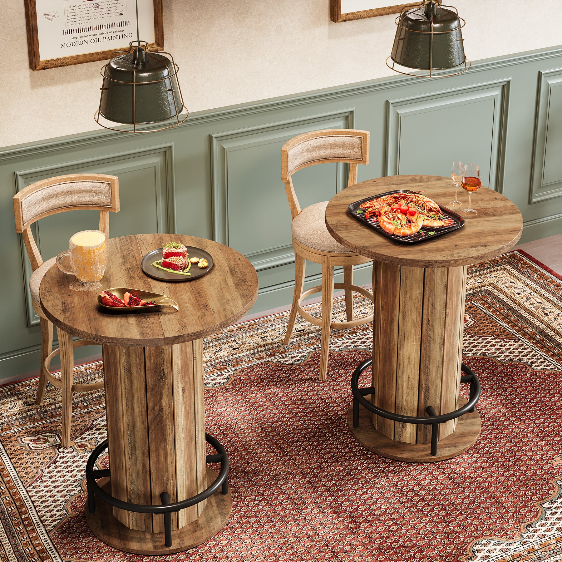 39.4" Round Wood Bar Table, Metal Ring Footrest for Dining & Living