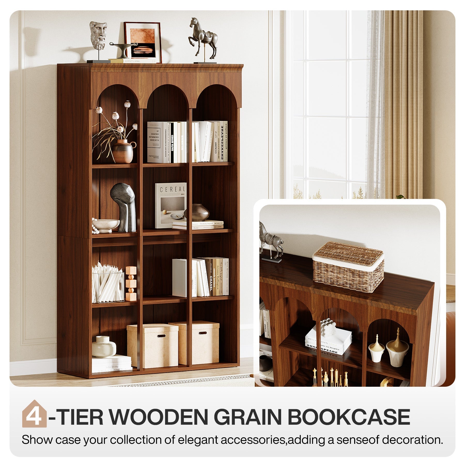 71-Inch Tall Arched Bookshelf with 5-Tier Open Display Shelves, Freestanding Bookcase for Office