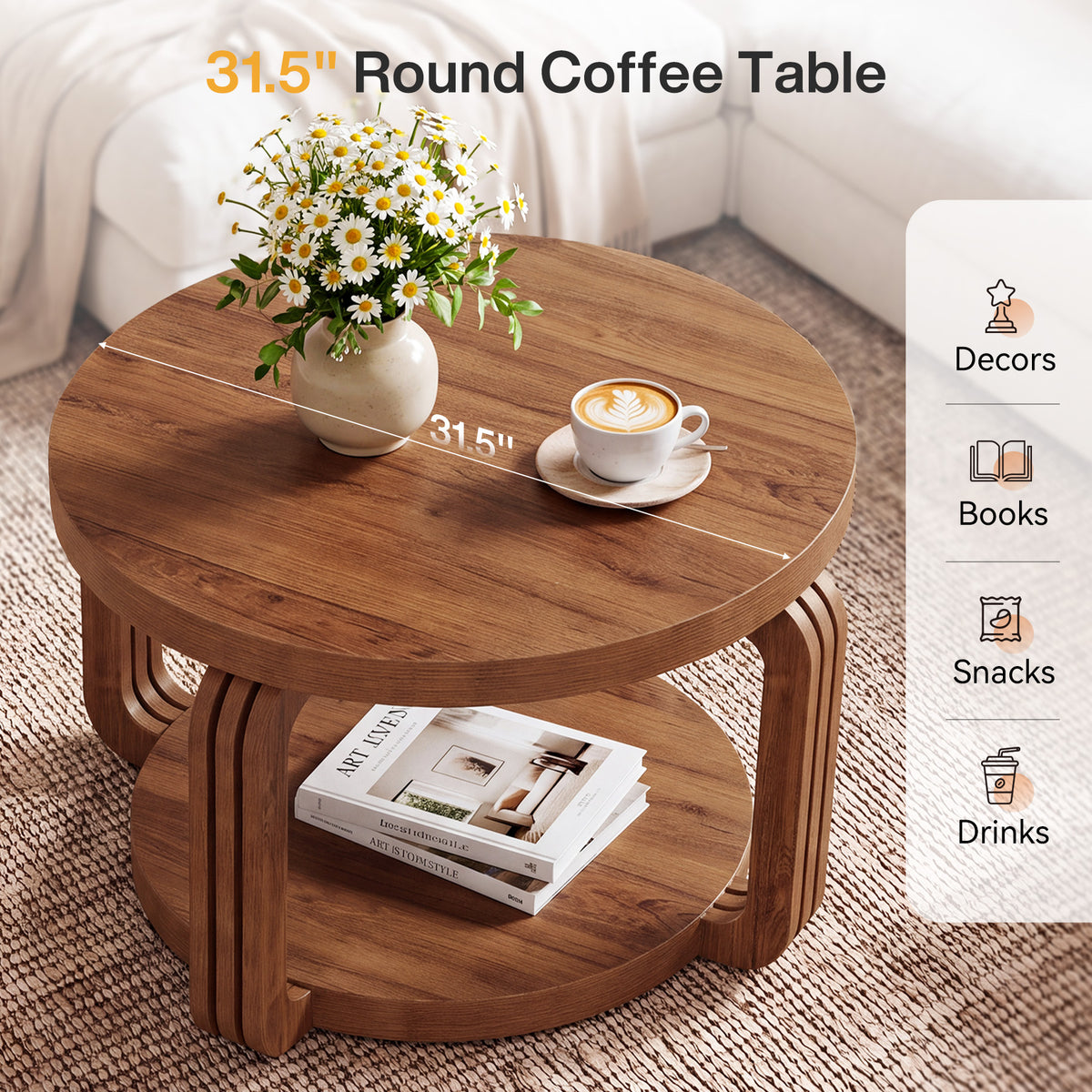 31.5 Inch Round Coffee Table with 2-Tier Storage Shelf, Modern Rustic Center Table for Living Room