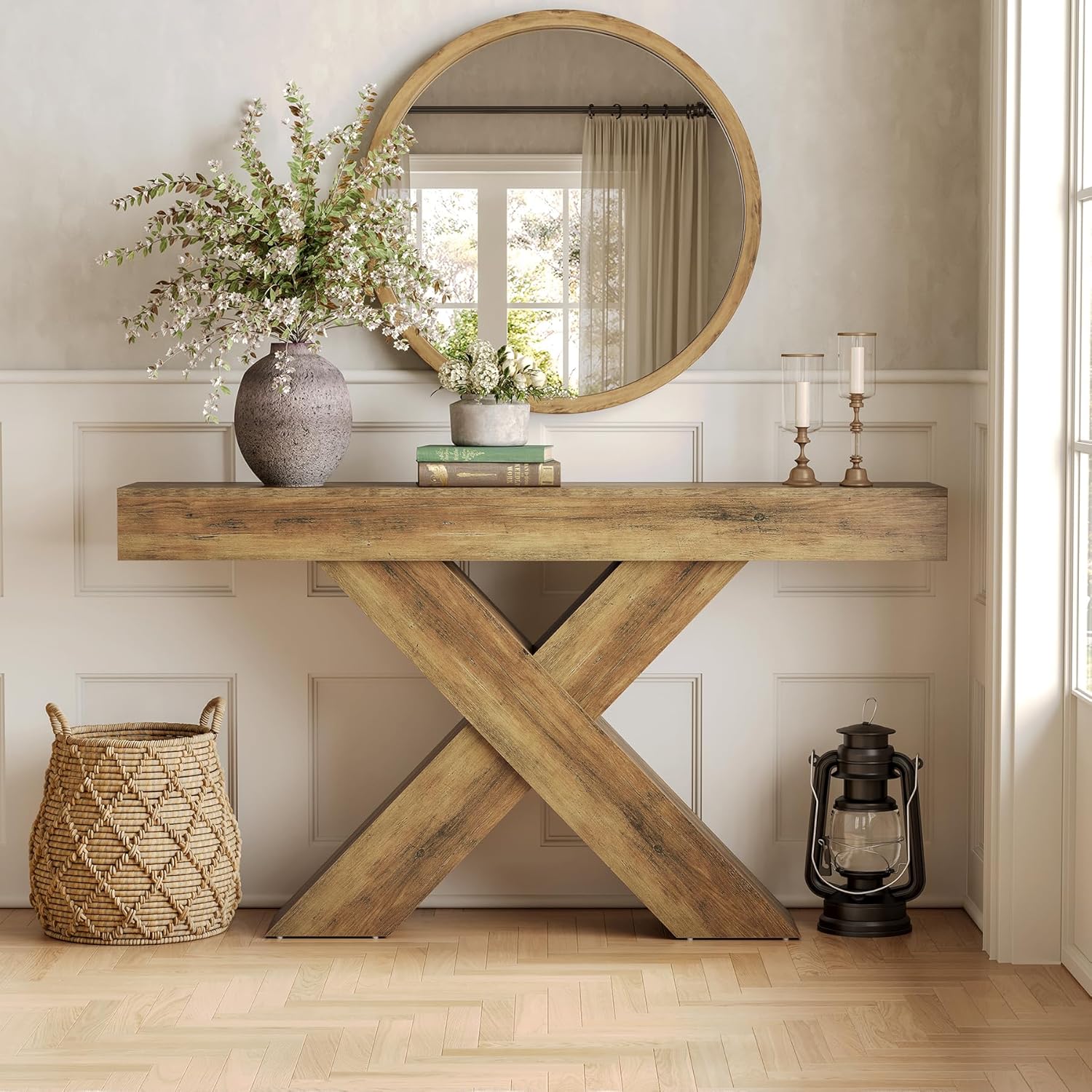 55" Rustic Industrial X-Brace Console Table - Slim Sofa Table for Entryway, Hallway & Living Room in Brown