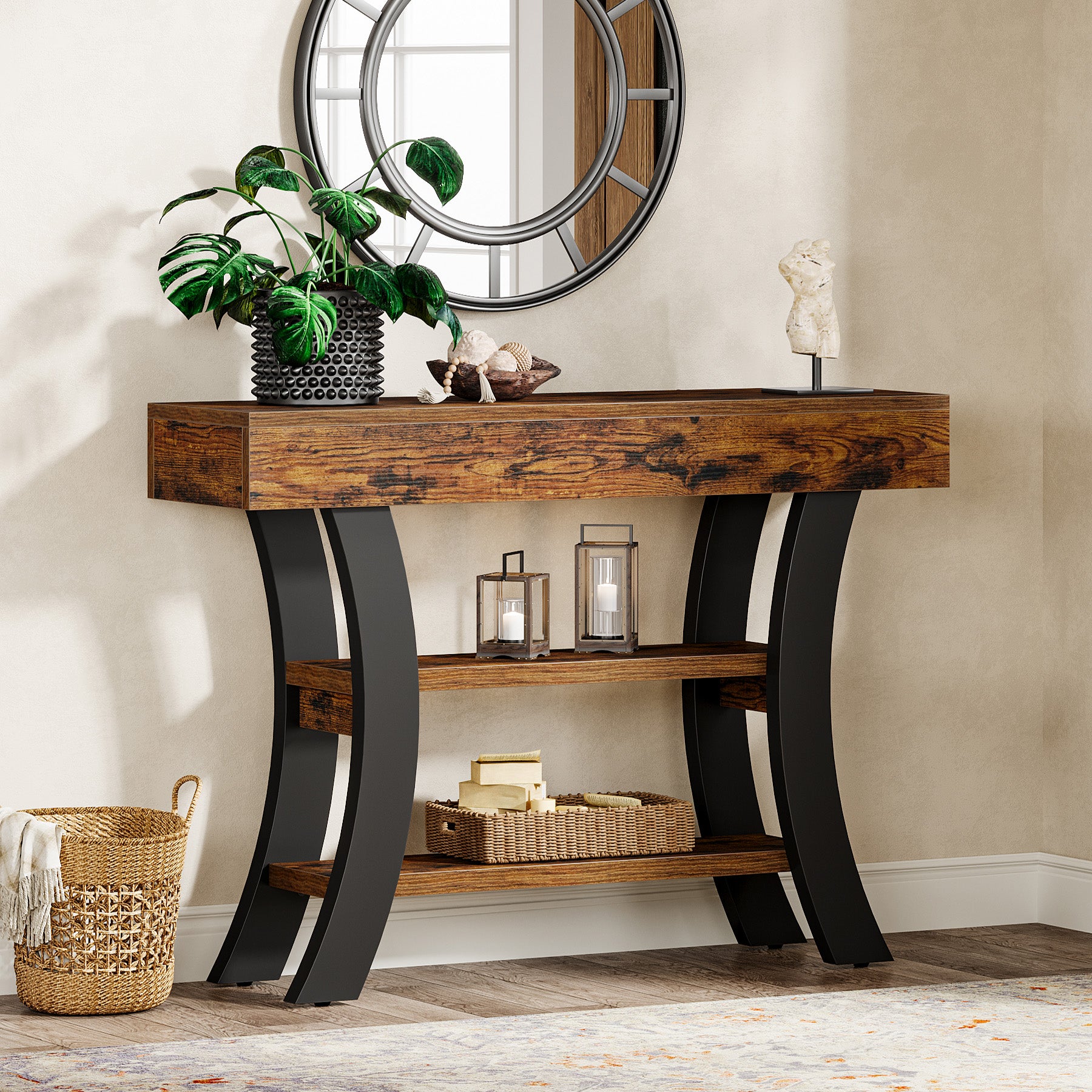 41.34" Rustic Console Table, 3-Tier Entryway Table with Curved Frame for Living Room
